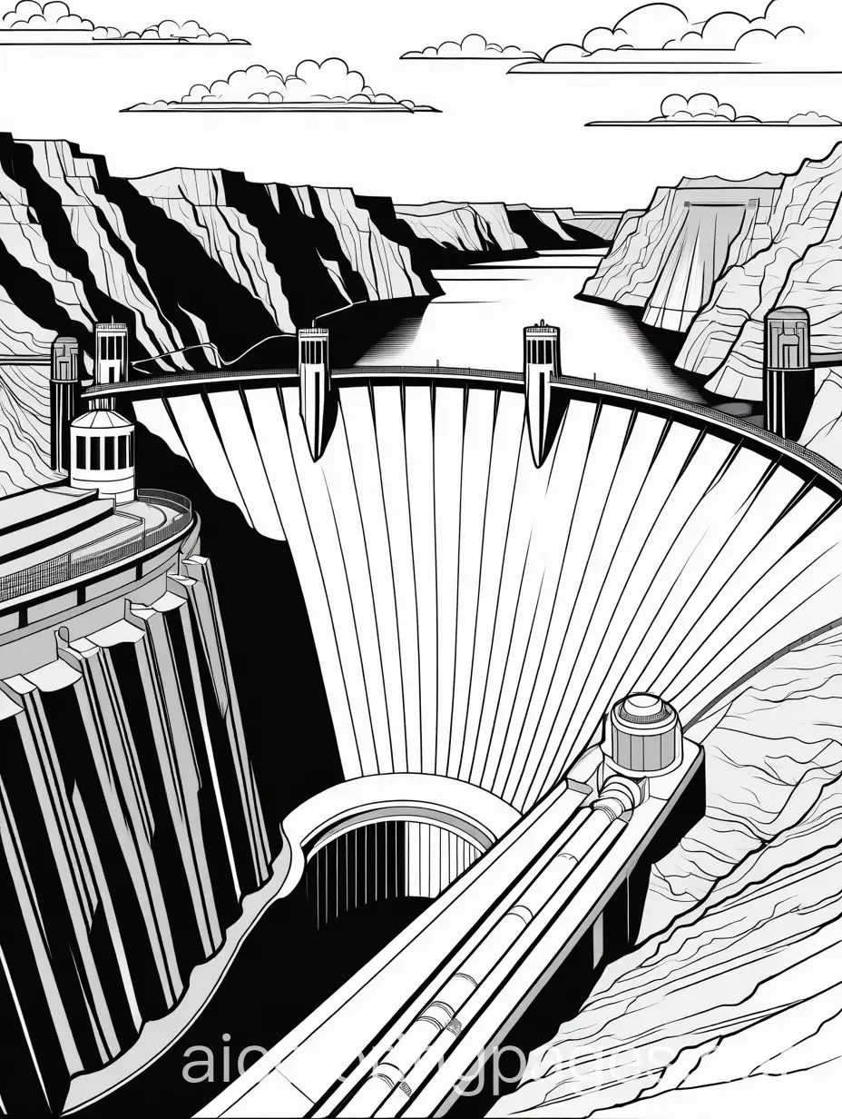 hoover dam, Coloring Page, black and white, line art, white background, Simplicity, Ample White Space