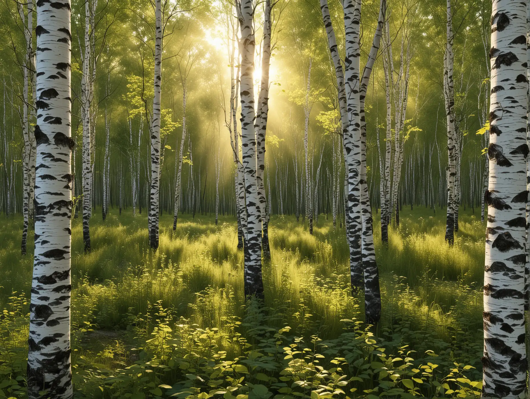 Sunset-Birch-Forest-Realistic-Summer-Evening-Scene-with-Dense-Birch-Trees