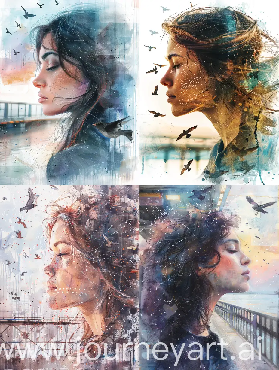 Realistic profile portrait of woman inspired by Caia Koopman style. Mixed media. Oil paint with palette knife. Watercolor washes with drips. Illustration. Intricate loose filigree hair, delicate dots detailing, birds gracefully flying through the scene, captivating and beautiful composition. Dreamlike atmosphere, soft and ethereal lighting, Art station platform. 