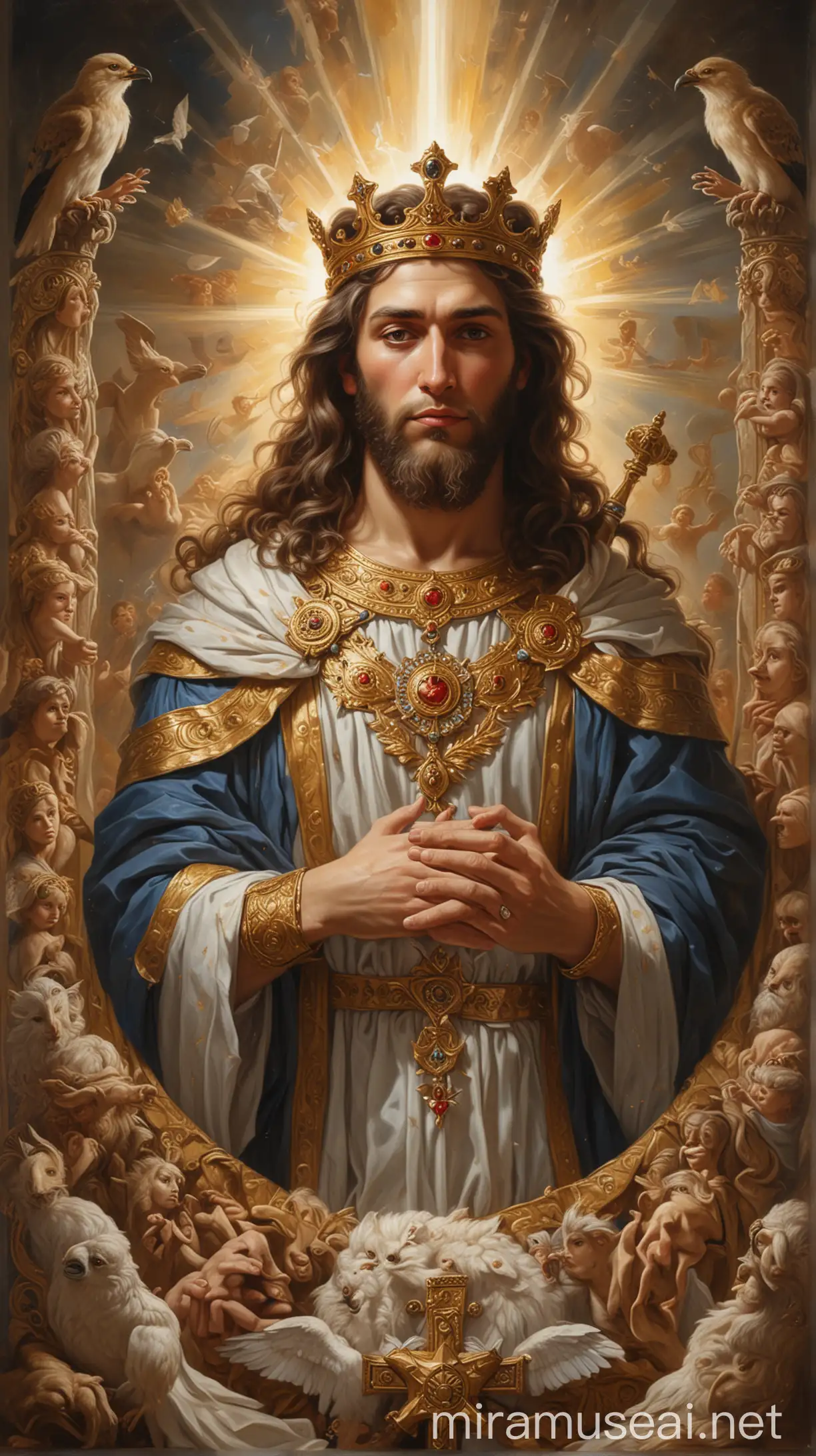 A majestic painting of King David, his face radiating devotion and reverence, surrounded by symbols of love, sacrifice, and honor. The background features a serene, divine light." In ancient Jew