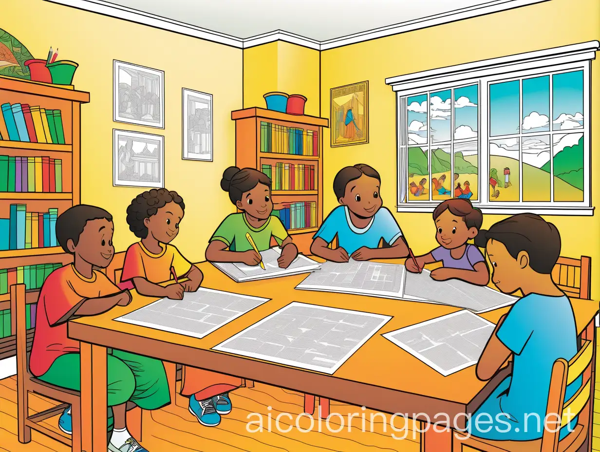 Create an illustration of a group of children sitting around a large table, coloring biblical illustrations. The children are of various ages, dressed in colorful casual clothes, and are seated around the table, some leaning over their drawings, while others show their illustrations to friends. The table is covered with coloring materials like colored pencils, crayons, markers, and sheets of paper with biblical scenes such as Noah's Ark, David and Goliath, and Jesus with children. The background is a bright and cozy room with shelves full of books and art supplies, decorated with illustrations and biblical quotes on the walls. The focal point is the table in the center, with the children around it, engaged in coloring. Use warm and vibrant tones to reflect a creative and joyful atmosphere, and soft colors for the walls and furniture. Coloring Page: black and white, line art, white background, Simplicity, Ample White Space. The background of the coloring page is plain white to make it easy for young children to color within the lines. The outlines of all the subjects are easy to distinguish, making it simple for kids to color without too much difficulty.