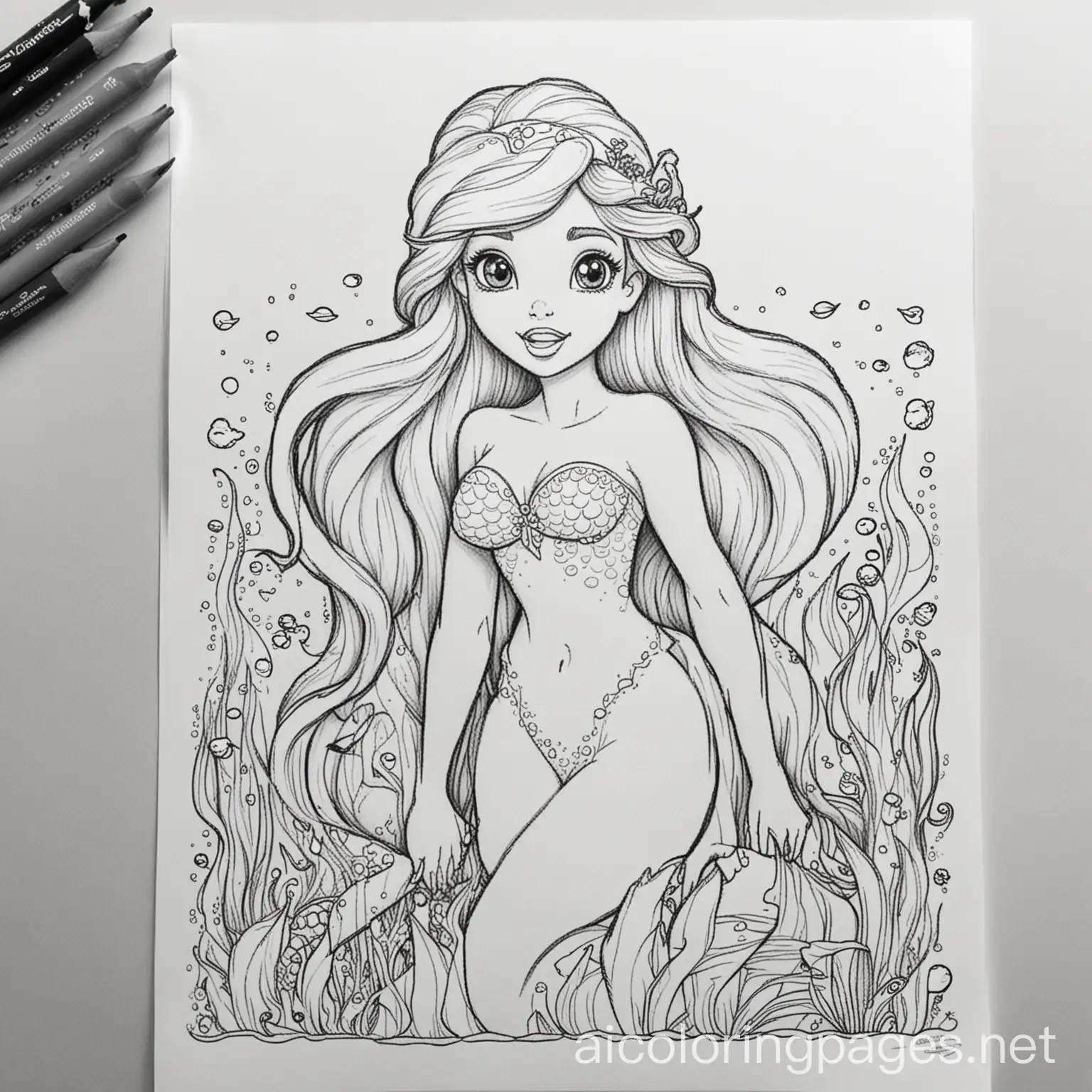The little mermaid, Coloring Page, black and white, line art, white background, Simplicity, Ample White Space. The background of the coloring page is plain white to make it easy for young children to color within the lines. The outlines of all the subjects are easy to distinguish, making it simple for kids to color without too much difficulty
