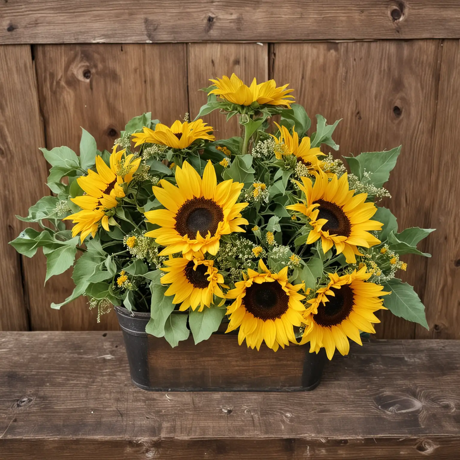 a simple sunflower centerpiece that is in a rustic container