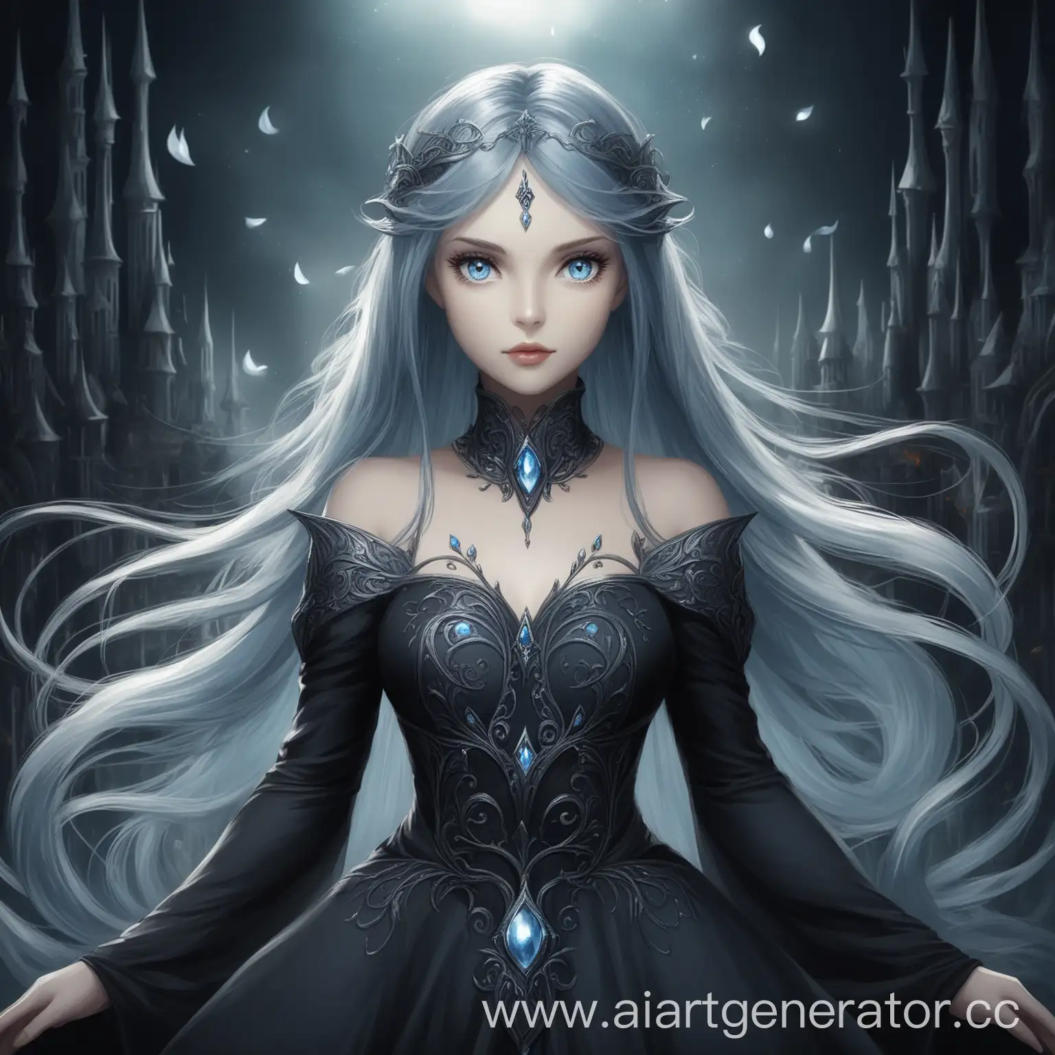 Fantasy-Style-Woman-with-Fair-Hair-and-Greyish-Blue-Eyes-in-Black-Dress