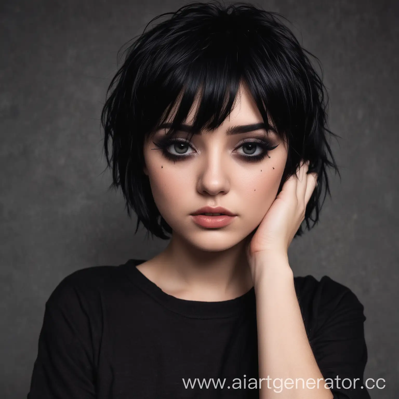 Девушка с черными короткими черными волосами, чёрными макияжем и одеждой, которая любит грустные  игры