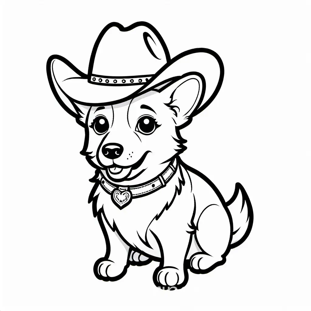corgi wearing a cowboy hat, Coloring Page, black and white, line art, white background, Simplicity, Ample White Space. The background of the coloring page is plain white to make it easy for young children to color within the lines. The outlines of all the subjects are easy to distinguish, making it simple for kids to color without too much difficulty