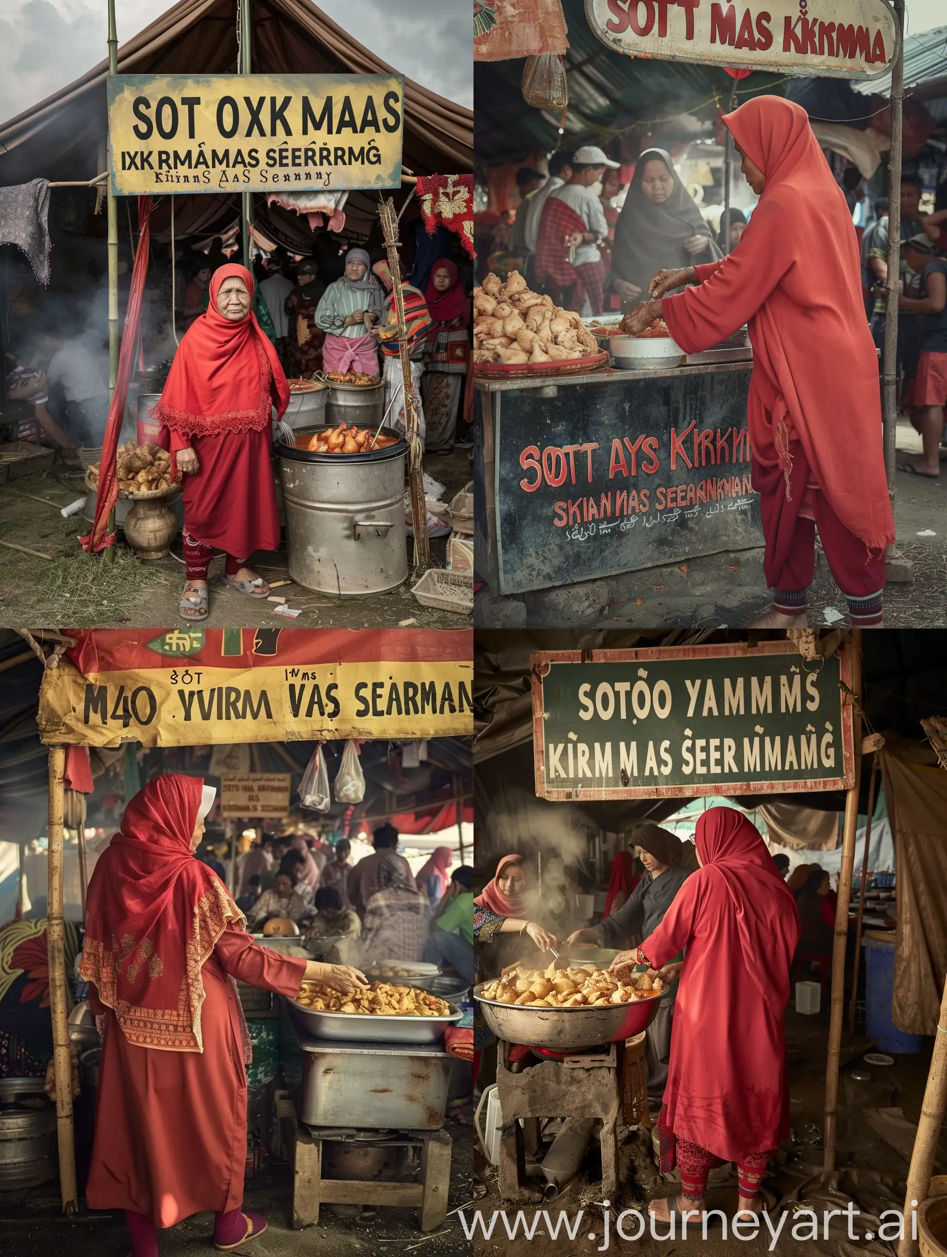 ibu ibu hijab berumur 40 tahun asal Indonesia mengenakan celemek merah dengan celana panjang dan sendal. ibu ibu itu sedang berjualan soto di warung tenda tersebut.wajah harus jelas dan detail. warung tenda mewah tersebut bertuliskan "SOTO AYAM MAS KIRMAN HAS SEMARANG"ramai pembeli.foto asli nyata.sangat realistis.