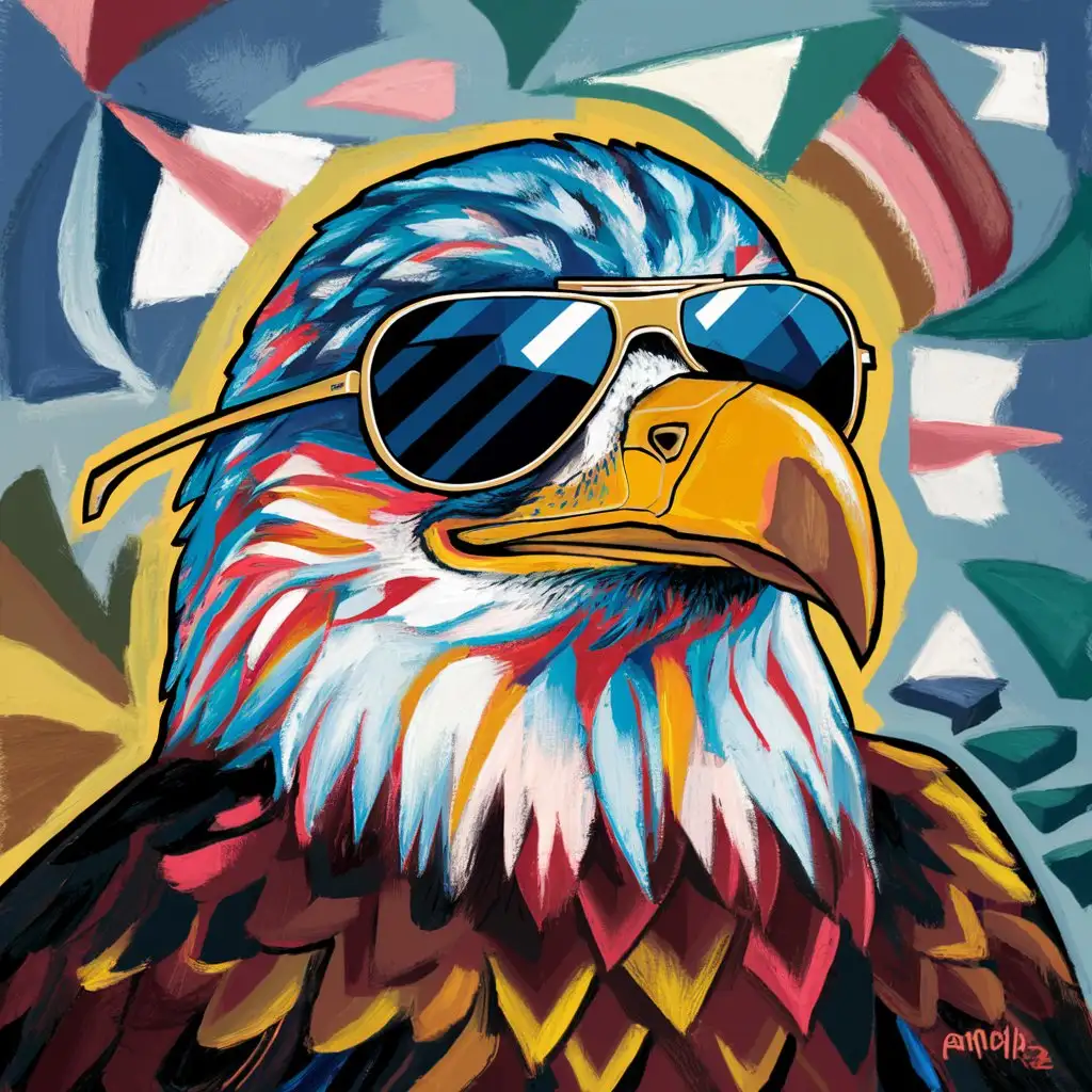 cubist painting of an [American eagle wearing aviators sun glasses], in the style of Pablo Picasso, fun and colorful