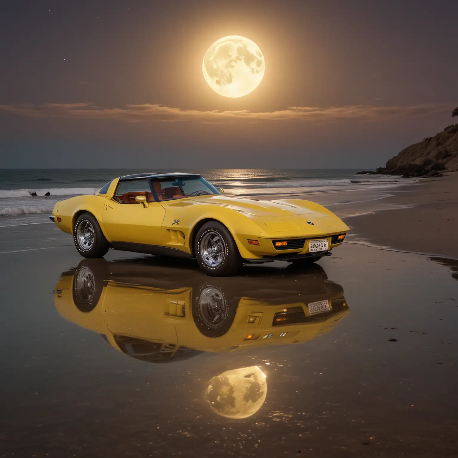 CLEAR CLEAN mystical colored photo of beautiful 1980 corvette yellow looking to the ocean with ritual space, full moon in background 16 k HD.