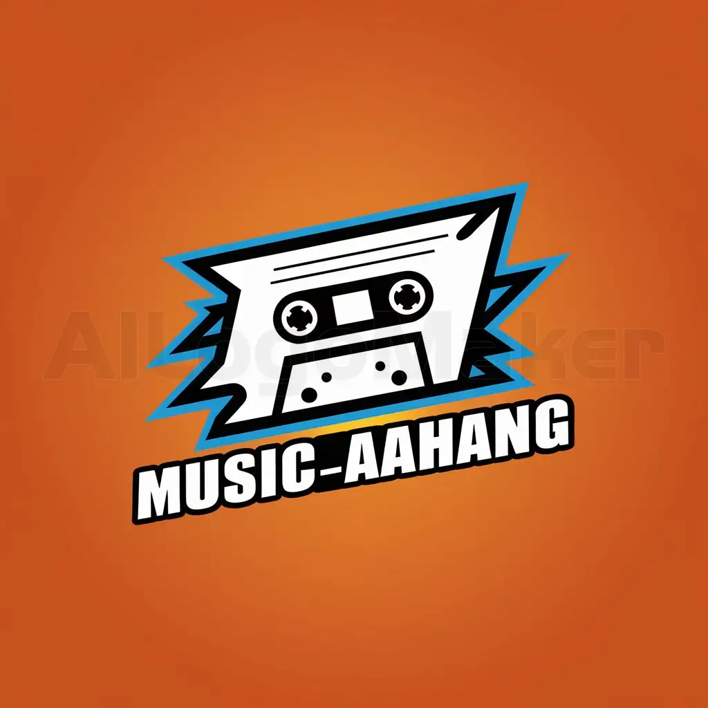 a logo design,with the text "music_aahang", main symbol:Image of a white and blue cassette tape, Orange background,Moderate,be used in Entertainment industry,clear background