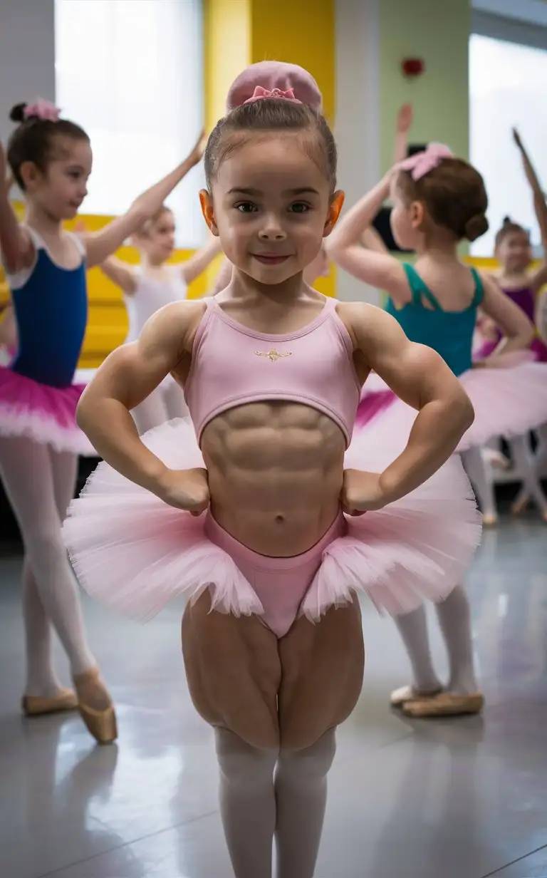 6 years old irish ballerina, muscular, showing her belly, at ballet class