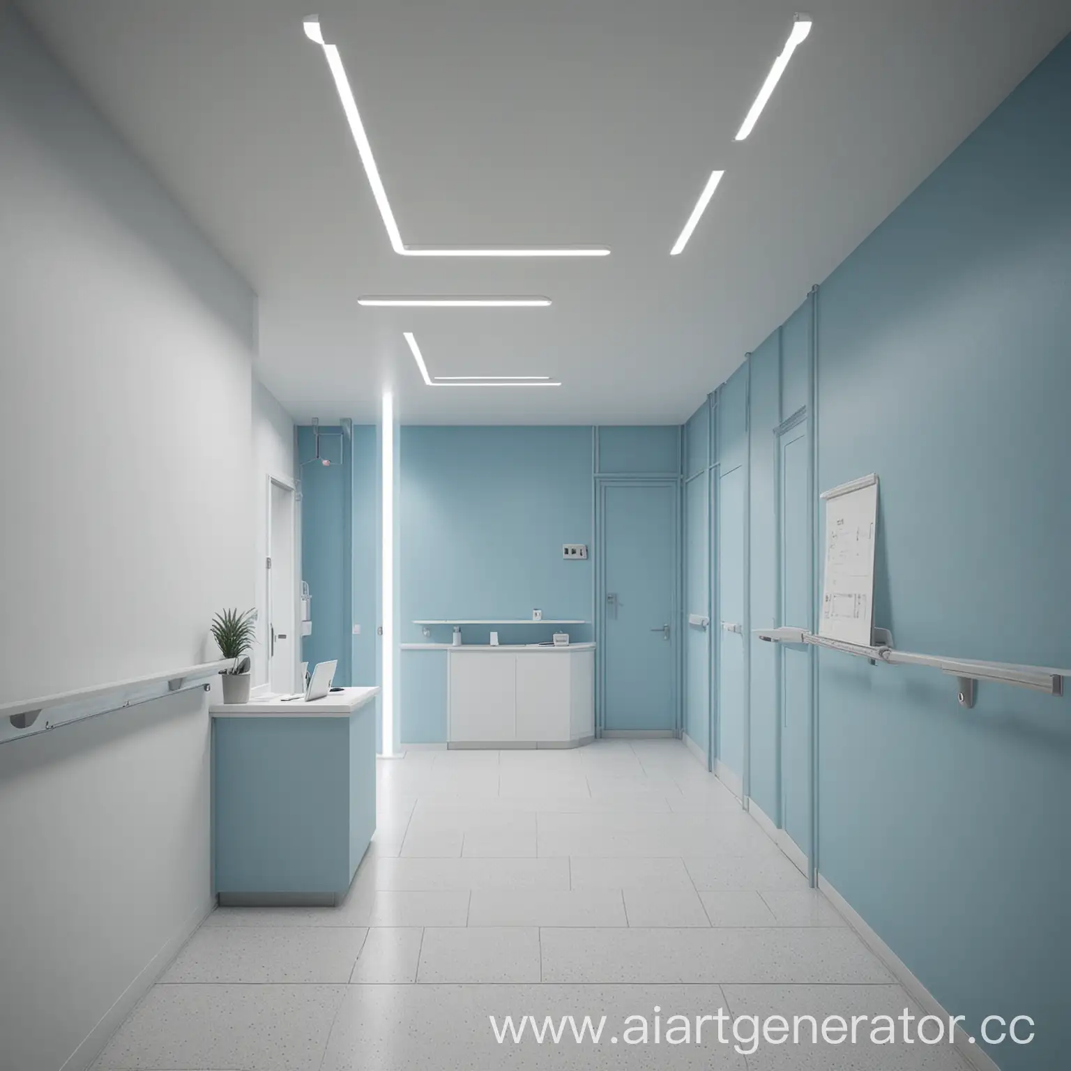 Modern-Clinic-Interior-with-Stairwell-in-White-and-Pale-Blue-Tones