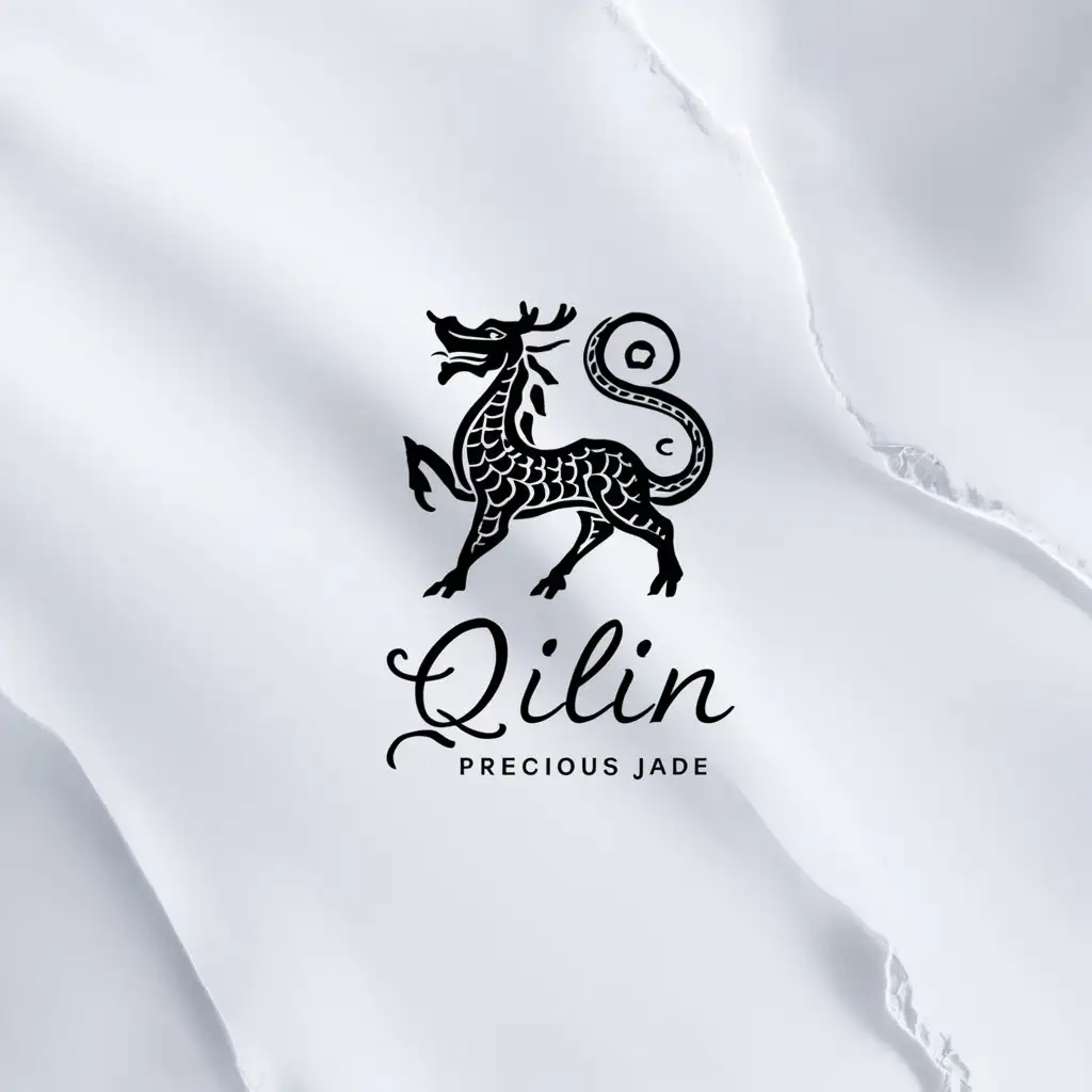 a logo design,with the text "Qilin precious jade", main symbol:Qilin, Xiangyun, background white color,Minimalistic,be used in precious stone industry,clear background