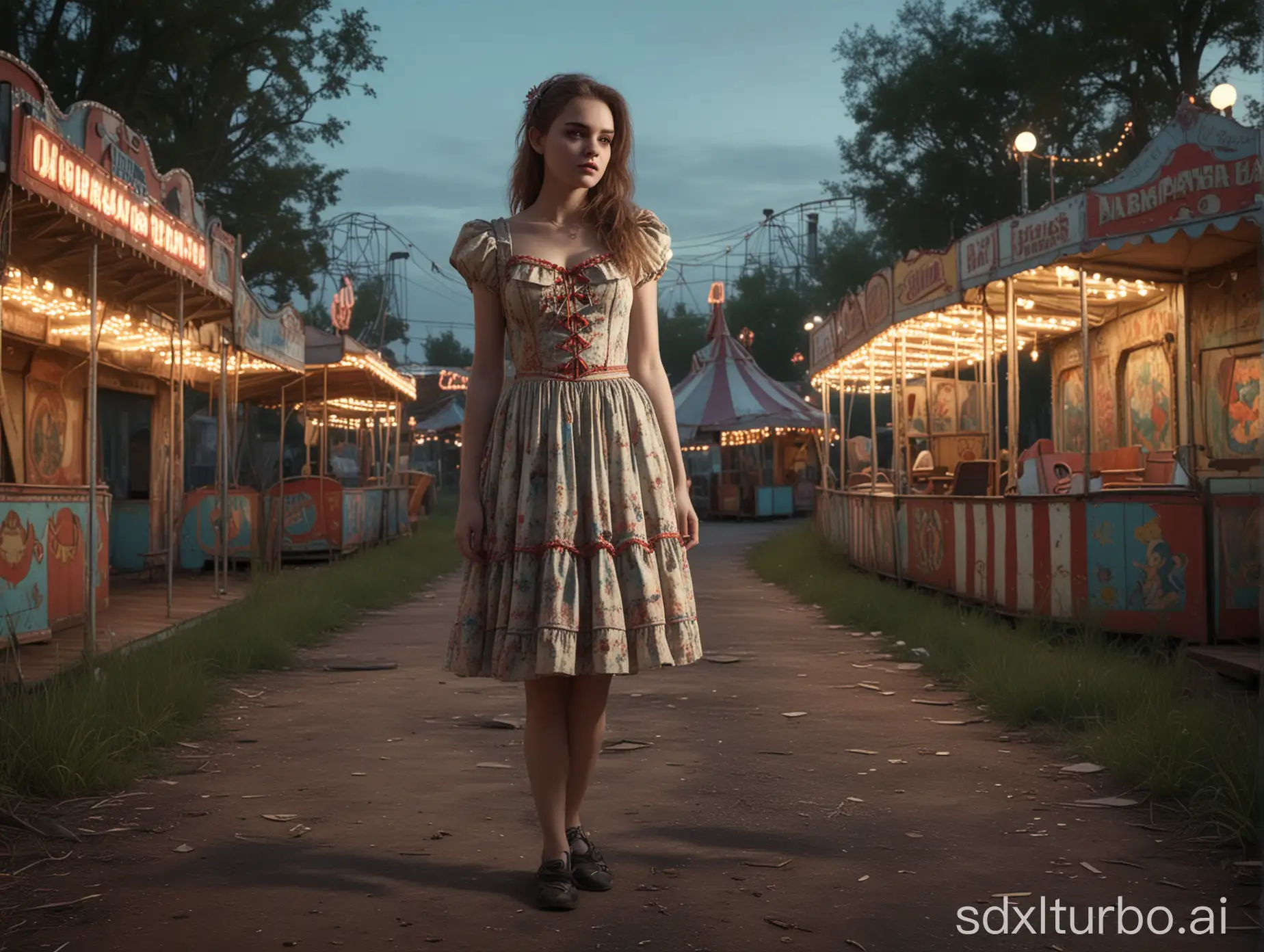 1girl, derelict amusement park, twilight, wearing a vintage carnival dress, rusting rides, overgrown pathways, faded posters, mysterious shadows, eerie stillness, soft carnival lights, detailed textures, nostalgic air, hidden stories, whispering winds, (Masterpiece, Photorealistic, 8K resolution, Ultra High Quality, Incredibly Detailed, Cinematic lighting, Perfect anatomy, RAW)
