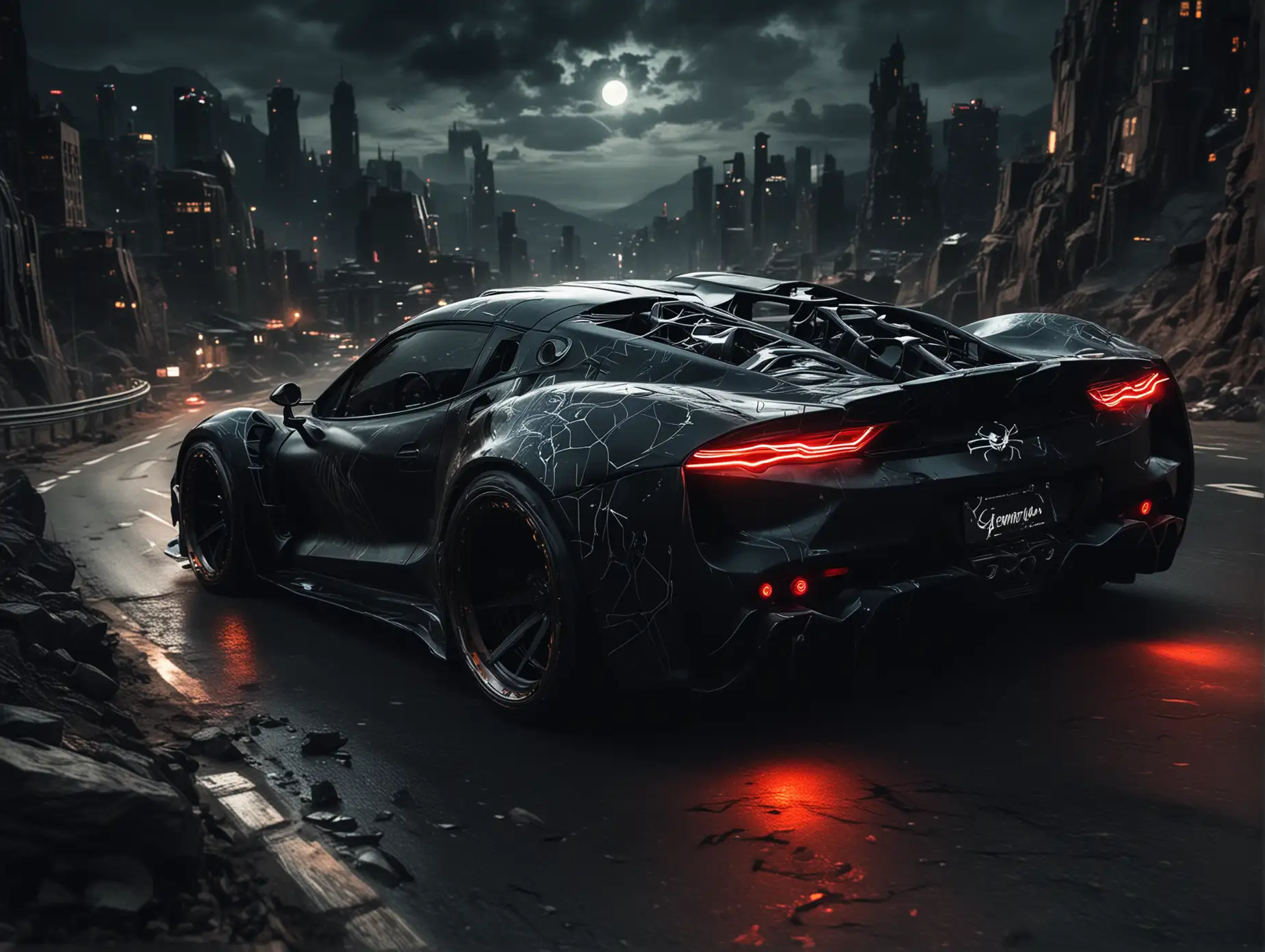 Create  futuristic cars from  Spiderman with venom evil tuning drifting  at night on Downhill  rear view from far away  car color black dark