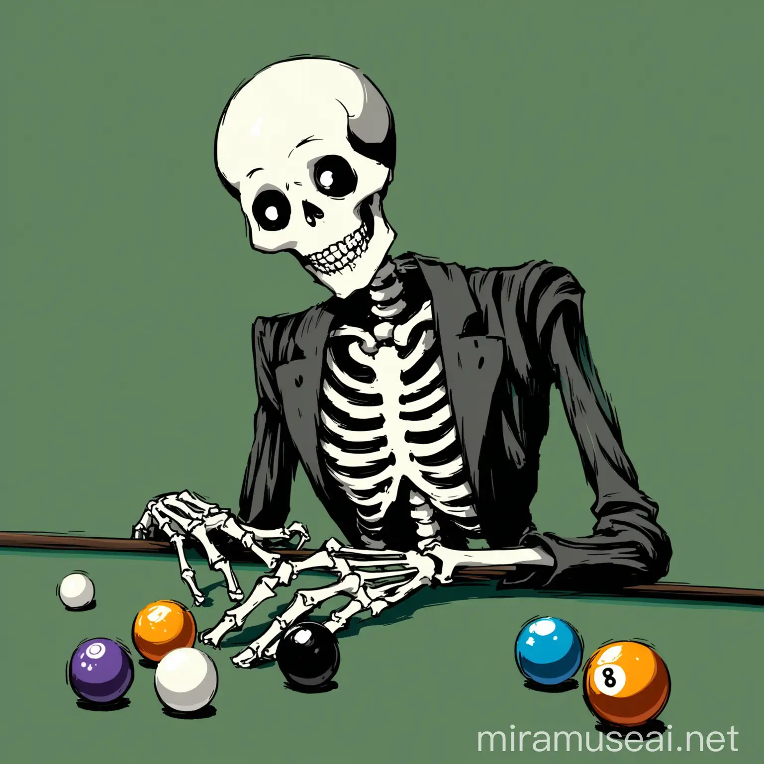 A friendly skeleton holding an eight ball