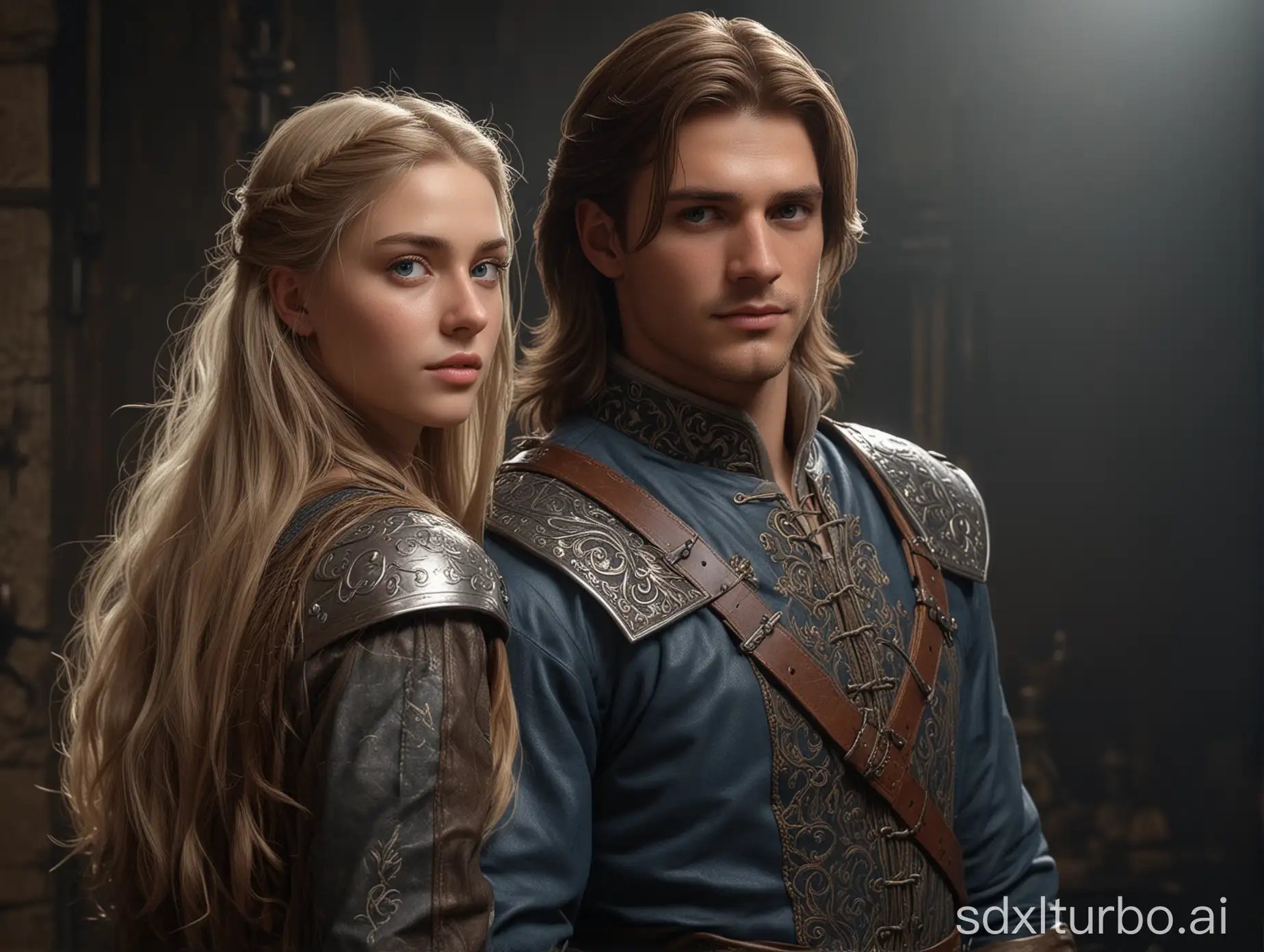 A handsome medieval man about 22 years old with long brown hair and gray eyes wearing a rich leather hunter's outfit, full height. He looks from aside at a blonde blue-eyed beautiful girl with long hair in a beautiful medieval dress with a deep bodice. Perfect composition, beautiful detailed intricate octane render trending on artstation, 8 k, photorealistic concept art, soft natural volumetric cinematic perfect light, chiaroscuro, masterpiece, greg rutkowski