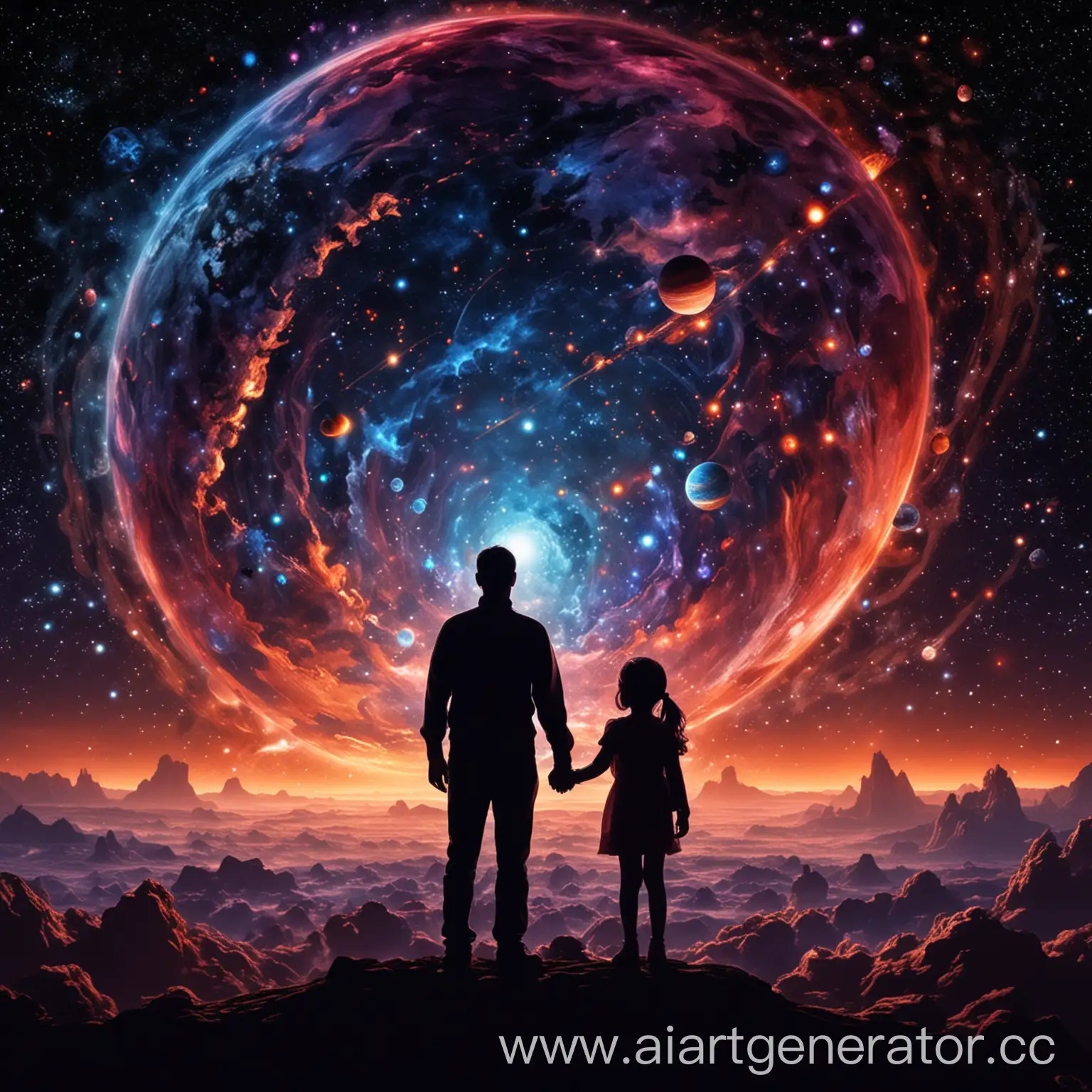 Силуэты отца и дочери на фоне космического парада планет