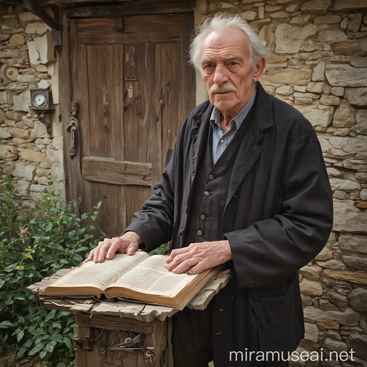 Mysterious Elder with Grimoire in Abandoned Village