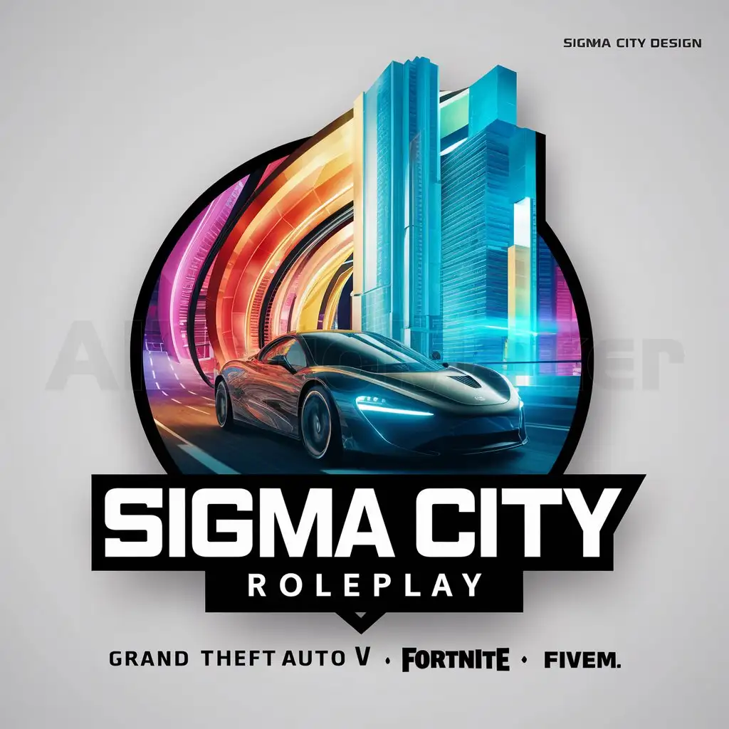 a logo design,with the text "Sigma City Roleplay", main symbol:car, city, 3d, modern, new, color, big, rainbow, rgb, pc, fivem, gta5, fortnite,Moderate,be used in Others industry,clear background