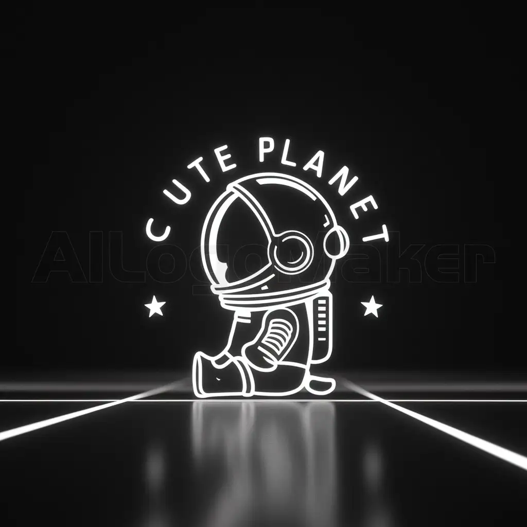 a logo design,with the text "cute planet", main symbol:A little bear, wearing an astronaut helmet, side-sitting on the ground, black background, cool style, cyberpunk style, simple,Minimalistic,be used in Entertainment industry,clear background