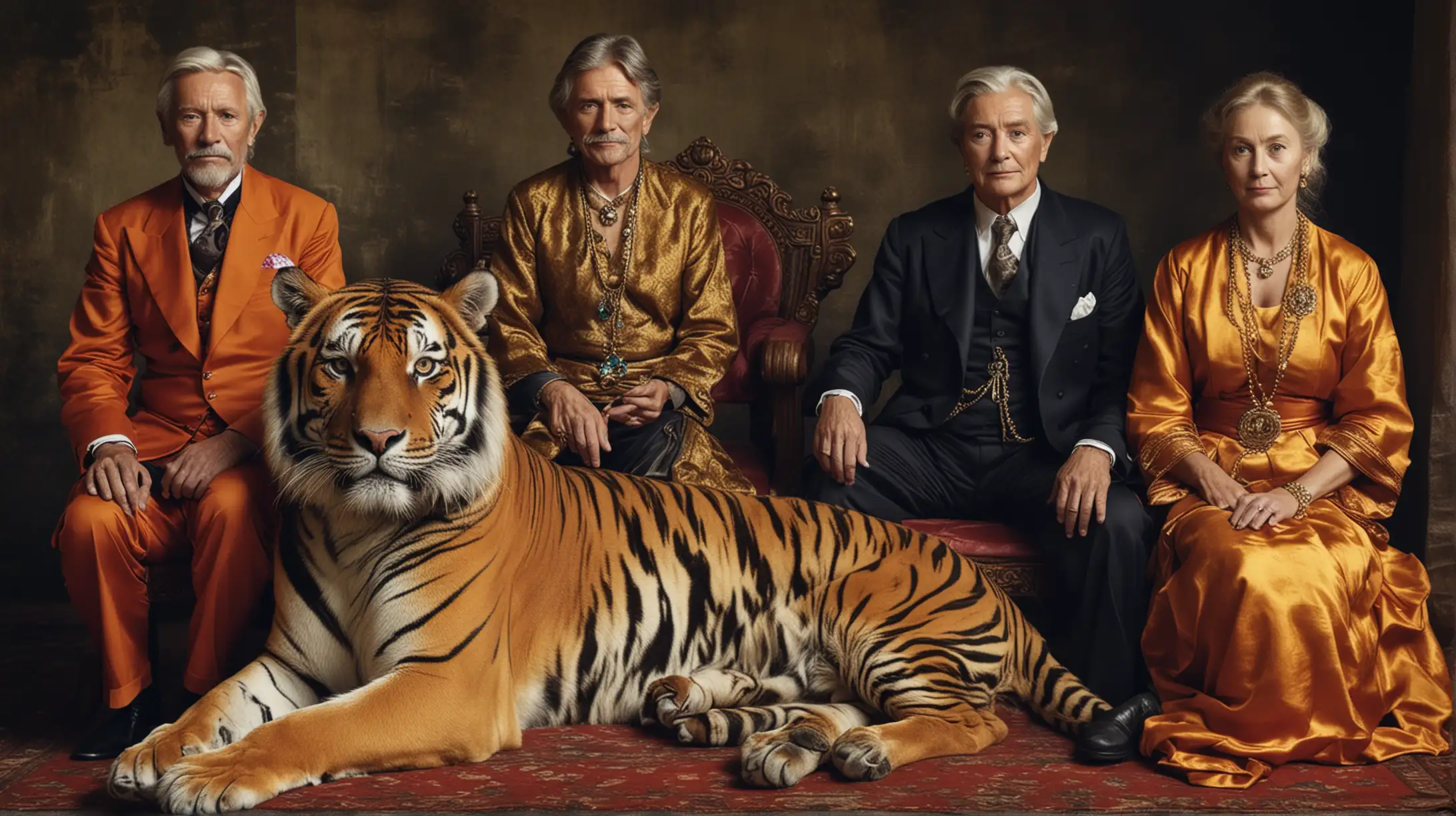 Old Rich Family sitting with tiger