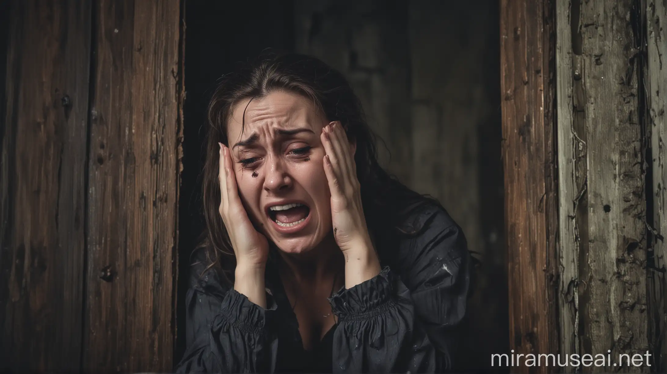 A woman crying trying to escape a haunted house
