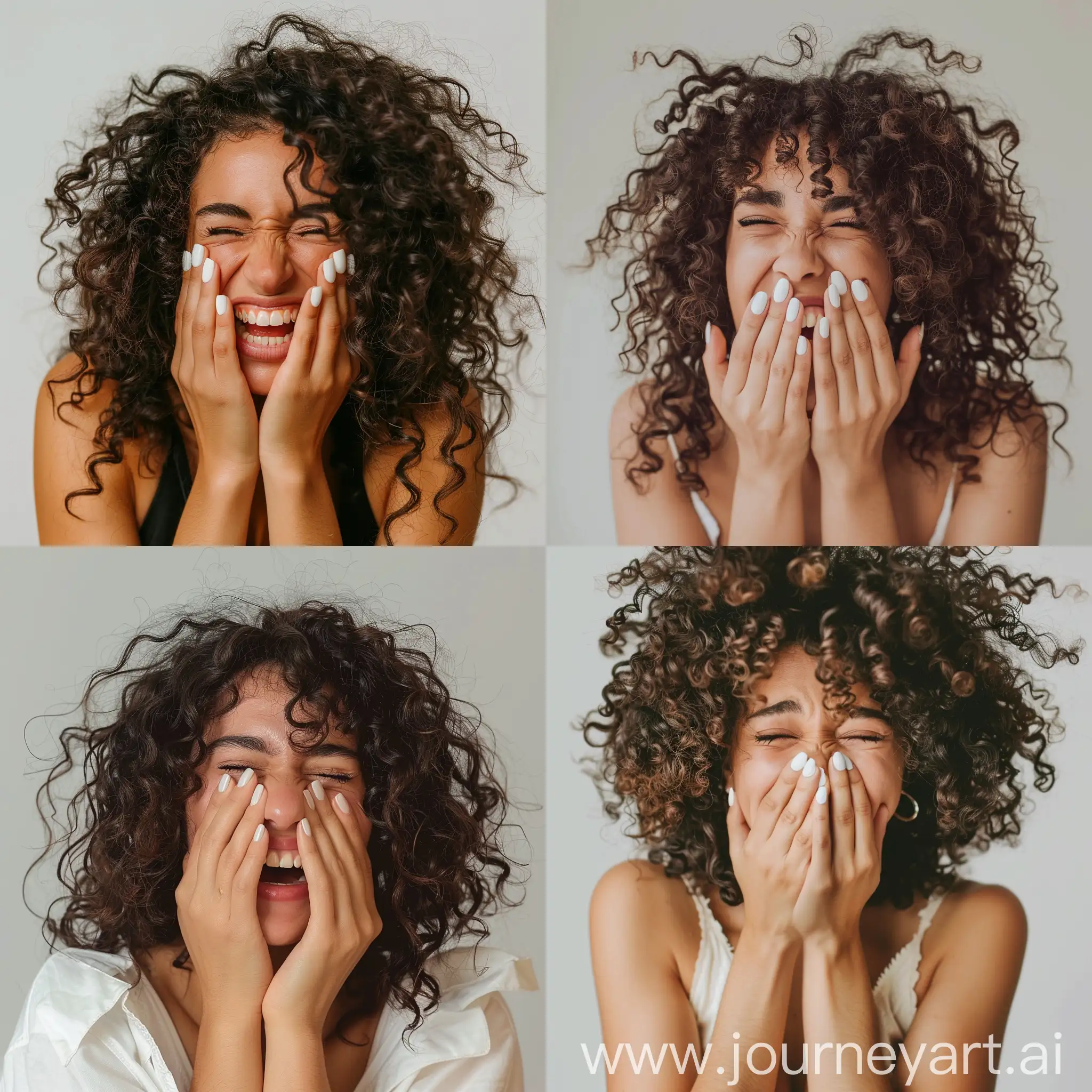 Joyful-Woman-with-Curly-Hair-Laughing-and-Covering-Mouth-White-Gel-Nail-Polish