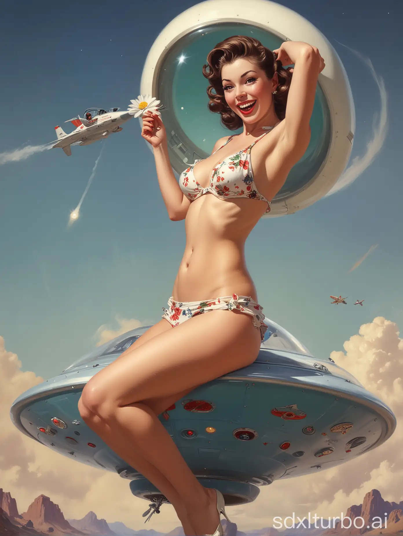 a painting of a woman posing almost naked on a ufo womanizer, surprised and pleased by the feeling, by Art Frahm, by Gil Elvgren, by Alberto Vargas, by Rolf Armstrong, pin-up poster girl, long hair wavy, 2015's haircut, picking up a flower, smiling fashion model face, tiny bikini, mischievous grin, young lady, pinup
