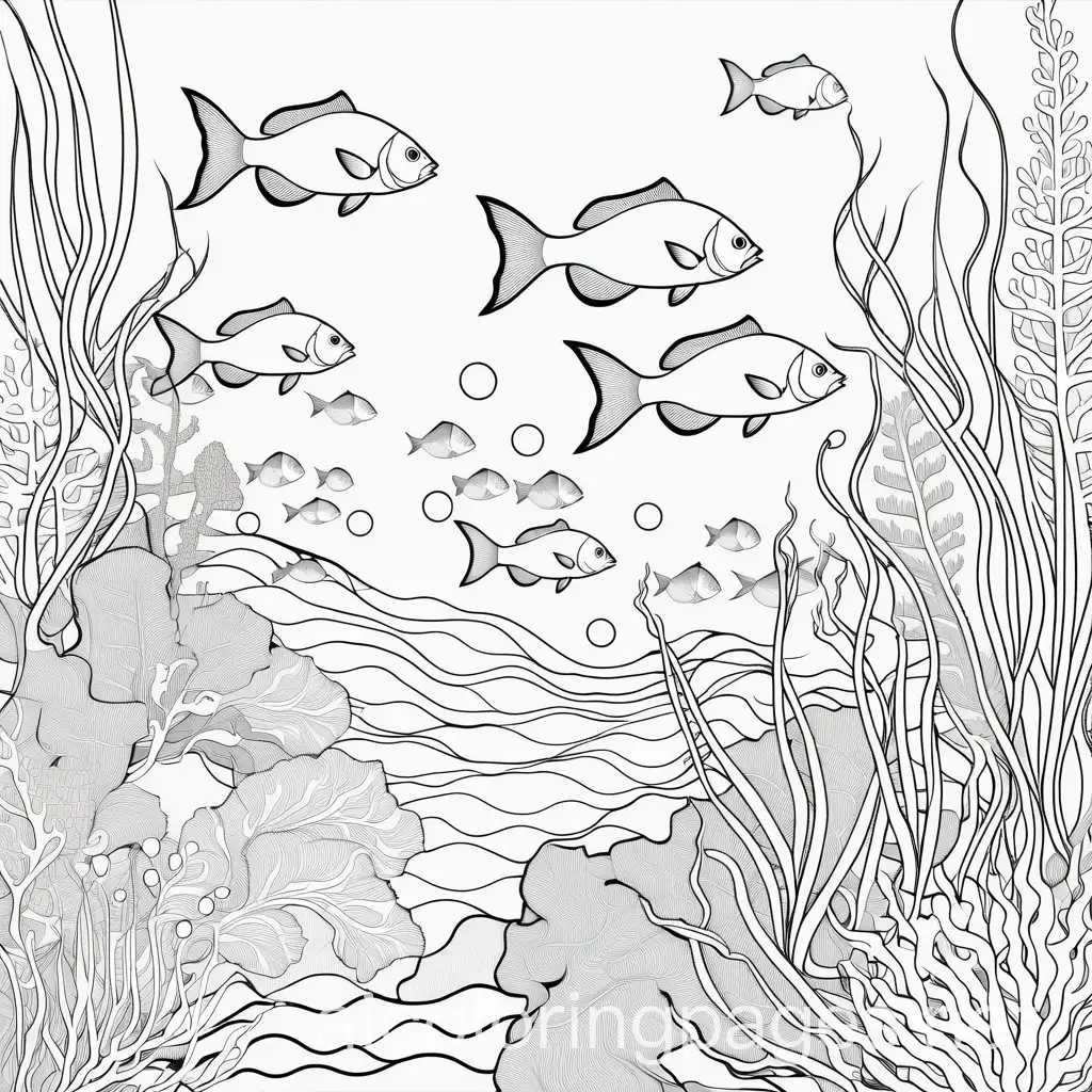 fish in ocean coral garden, Coloring Page, black and white, line art, white background, Simplicity, Ample White Space. The background of the coloring page is plain white to make it easy for young children to color within the lines. The outlines of all the subjects are easy to distinguish, making it simple for kids to color without too much difficulty