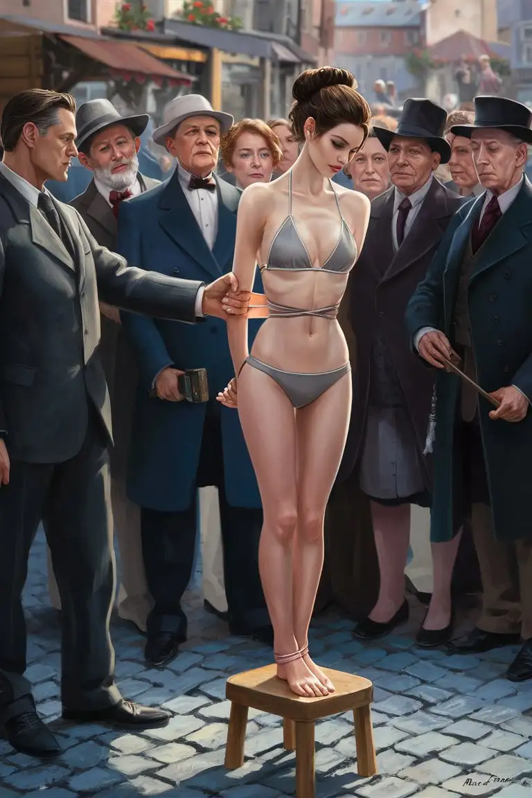 A beautiful woman (30 years old,  Paris) stands at a wooden stool in the middle of a town-square in a white-gray triangle bikini (hair: brunette texture-bun),  , the woman's hands tied behind the womans back, group of rich citizens sit around the woman,  a man escort the woman and hold the womans arm with one hand, 