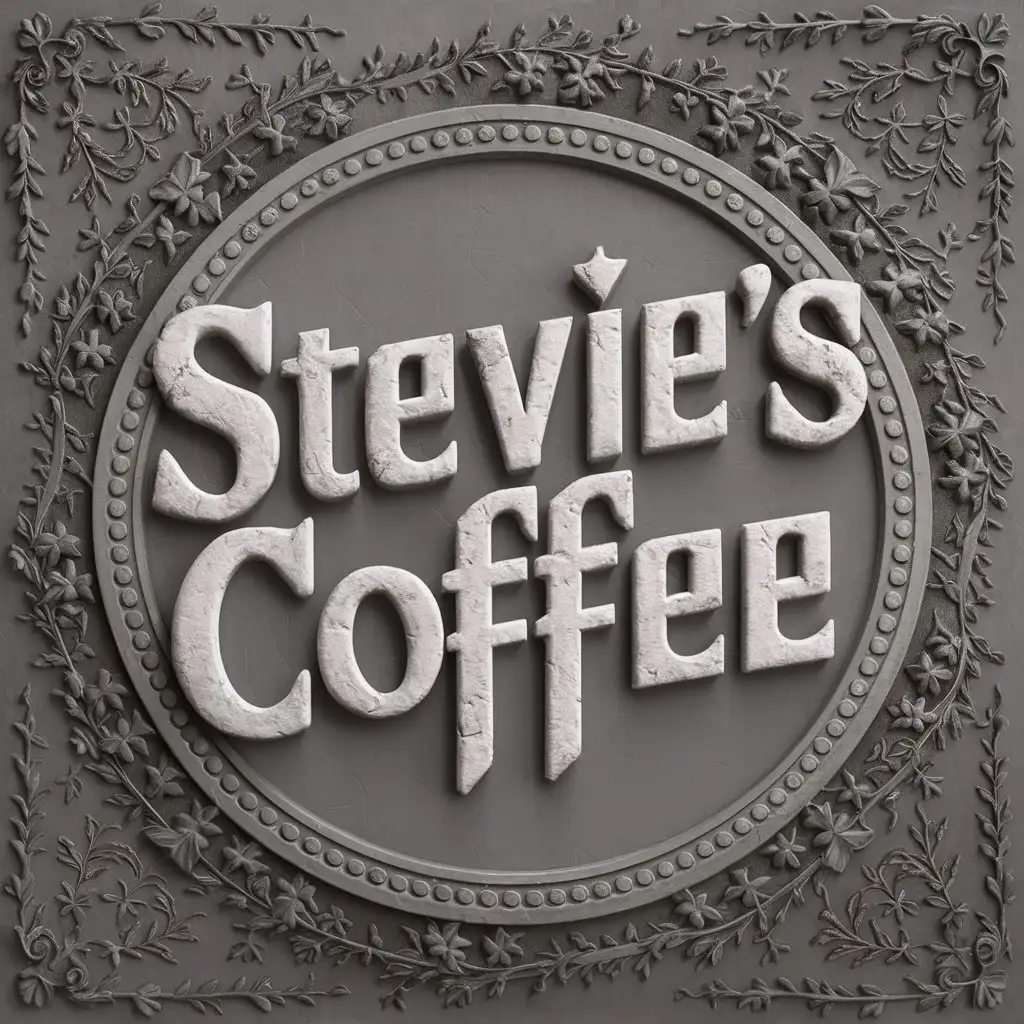 create The name in bas relief  , "Stevie's Coffee" sitting in a round border decorated with flowers and ivy, , 3d render, greyscale , typography v0.2, illustration, , 3d render highly stylised medieval imagery