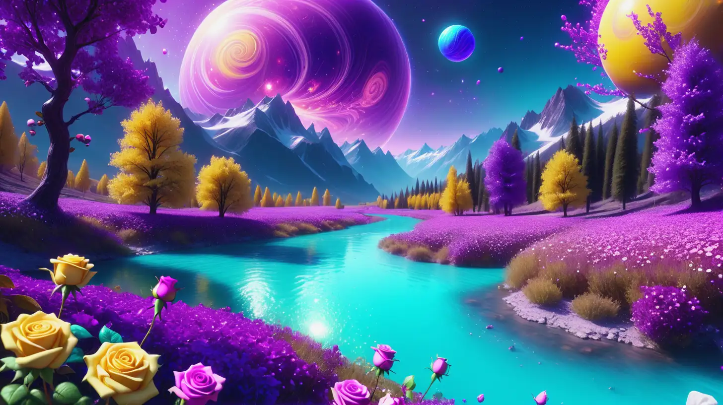 Fairytale candy world. Sparkling flowers and roses by a magical bright-turquoise river in the middle of the mountains. Purple. Blue. 8K. bright-yellow, #FFFF00, and purple sky with a rotating huge planet between trees. 