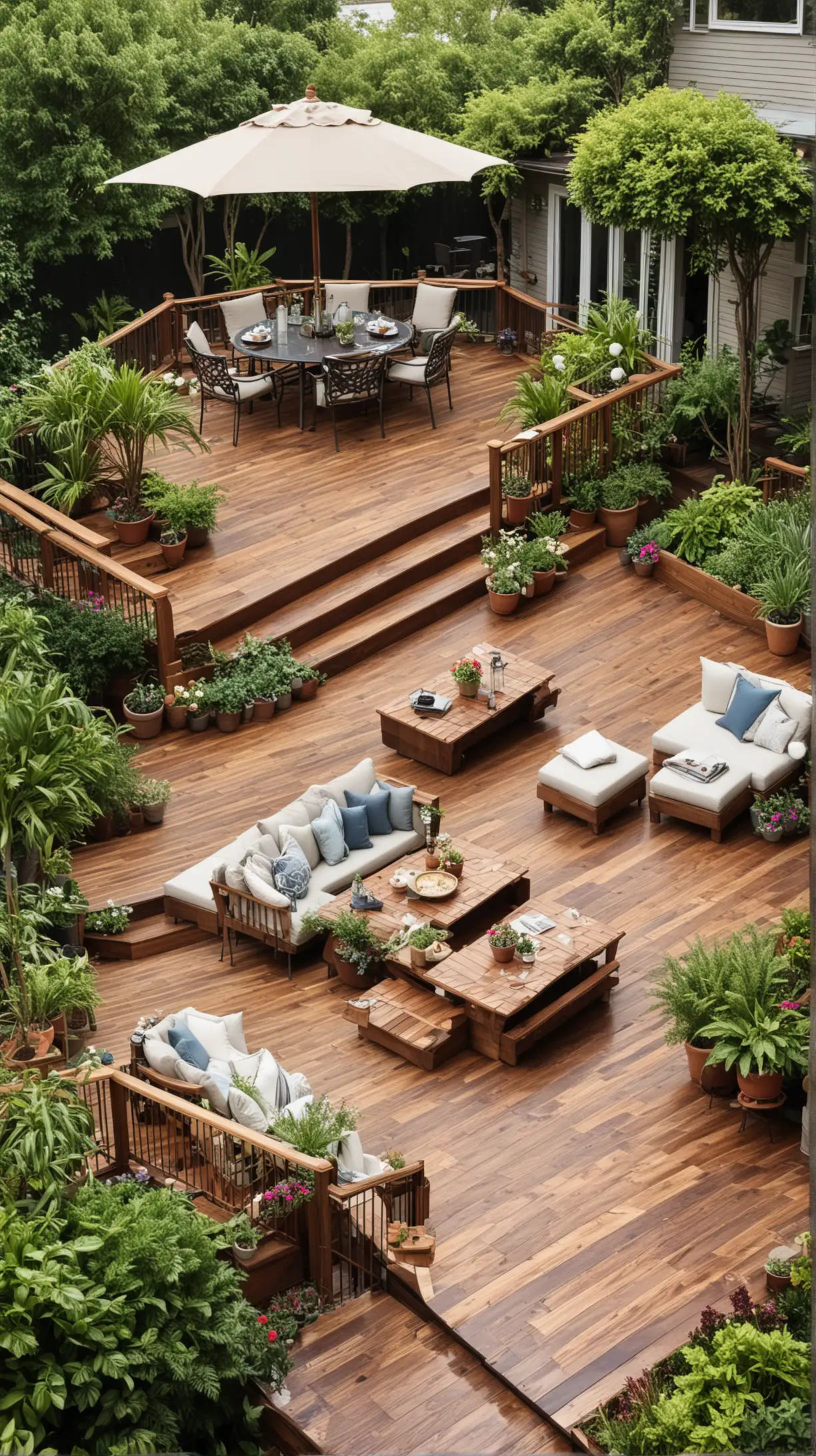 An elegant multilevel wooden deck with distinct dining and lounging areas, decorated with outdoor furniture and potted plants, set in a lush garden.