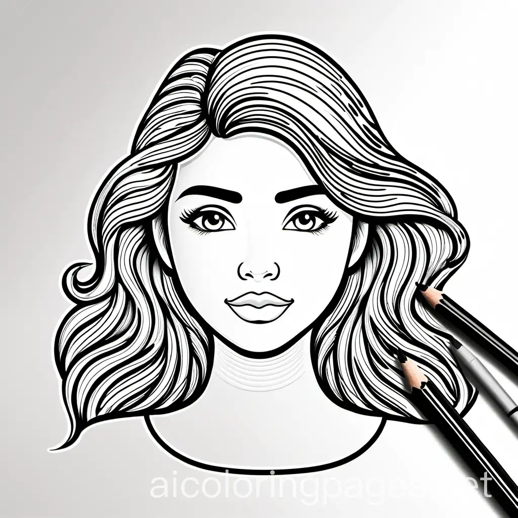 15 year old girl, mid hair, eyes,drawing on a sketch book, Coloring Page, black and white, line art, white background, Simplicity, Ample White Space. The background of the coloring page is plain white to make it easy for young children to color within the lines. The outlines of all the subjects are easy to distinguish, making it simple for kids to color without too much difficulty