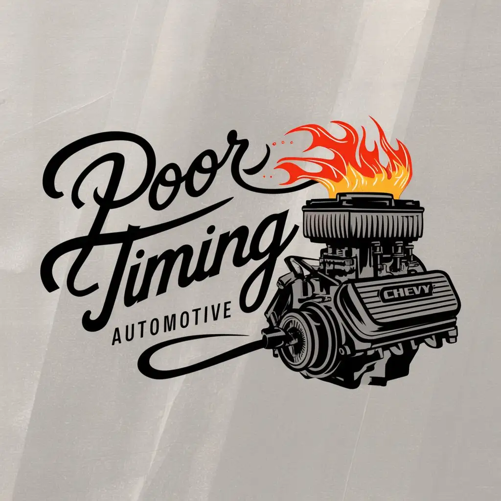a logo design,with the text "Poor Timing Automotive", main symbol:Script Font with a logo featuring a small block chevy engine with flames coming out of the carburetor,complex,be used in Automotive industry,clear background