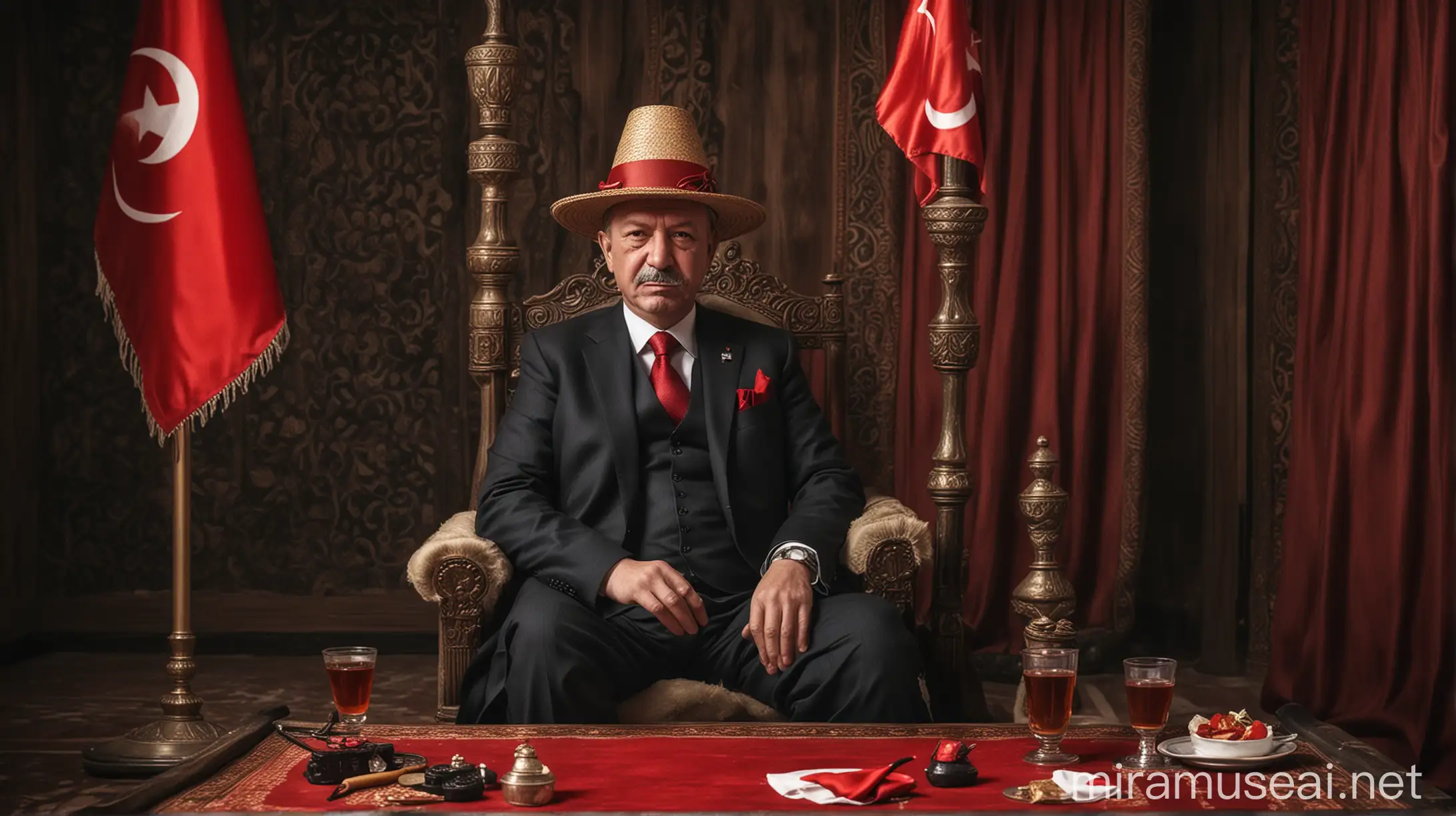 Der türkische Präsident sitzt in einer Shisha Bar und auf dem Kopf trägt er einen Strohhut, dass ein rotes band hand. die türkische Flagge ist im Hintergrund auf dem Tisch steht ein türkischer tee und er sitzt auf einem Thron. das bild soll lustige Emotionen hervorrufen

