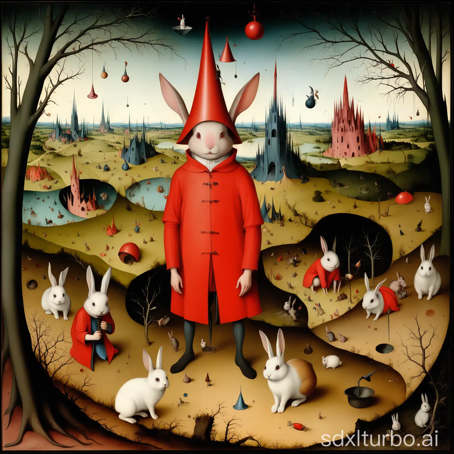 In a landscape like in a picture by Hironimus Bosch, a small animal with rabbit's feet and a funnel on its head stands, the eyes look mischievously out from underneath, it wears a red cylindrical coat, in the surrounding of this main actor are still some dry branches that have become males
