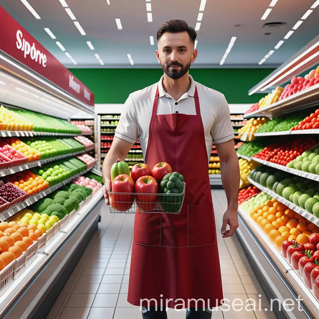  The image shows a man shopping for fruits and vegetables in a supermarket. He is wearing an red apron, hyper realistic 3D, solo image, 4K, 3D rendering, 