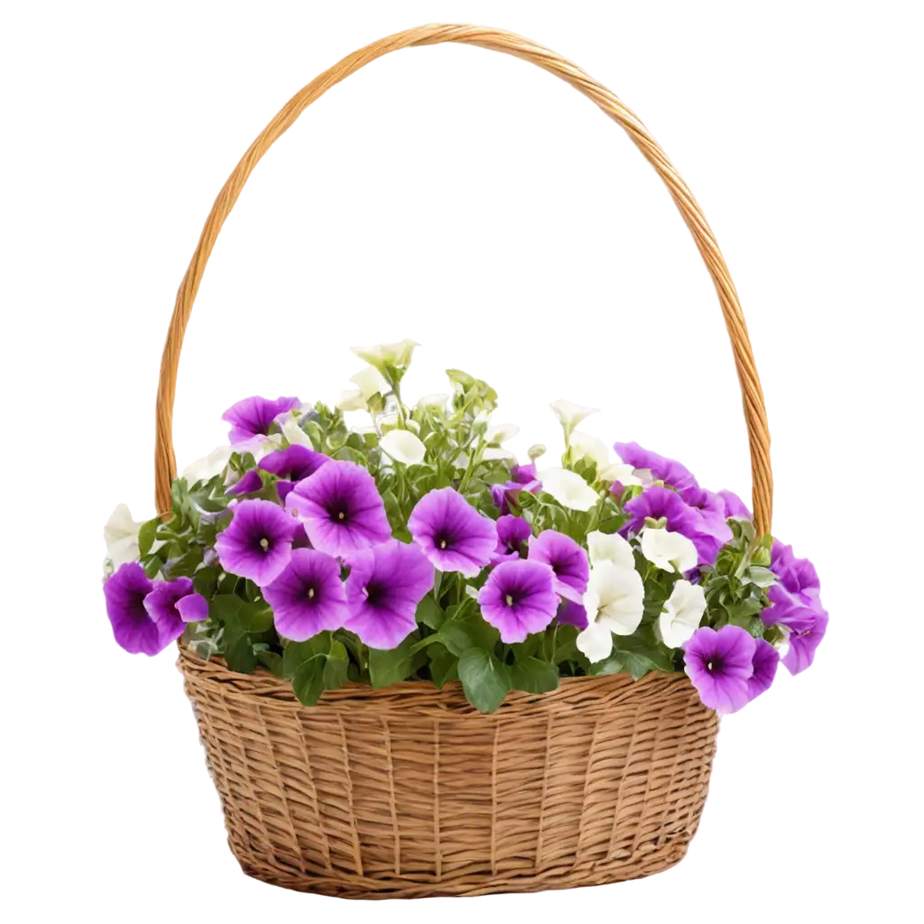 basket full of muticolored wave petunias without a shadow on a transparent background