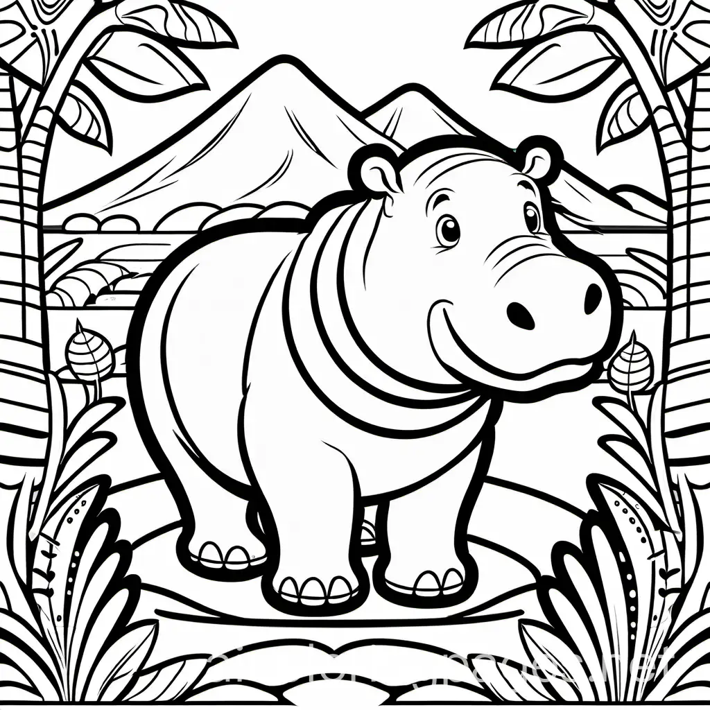 happy hippo  in the zoo
, Coloring Page, black and white, line art, white background, Simplicity, Ample White Space. The background of the coloring page is plain white to make it easy for young children to color within the lines. The outlines of all the subjects are easy to distinguish, making it simple for kids to color without too much difficulty