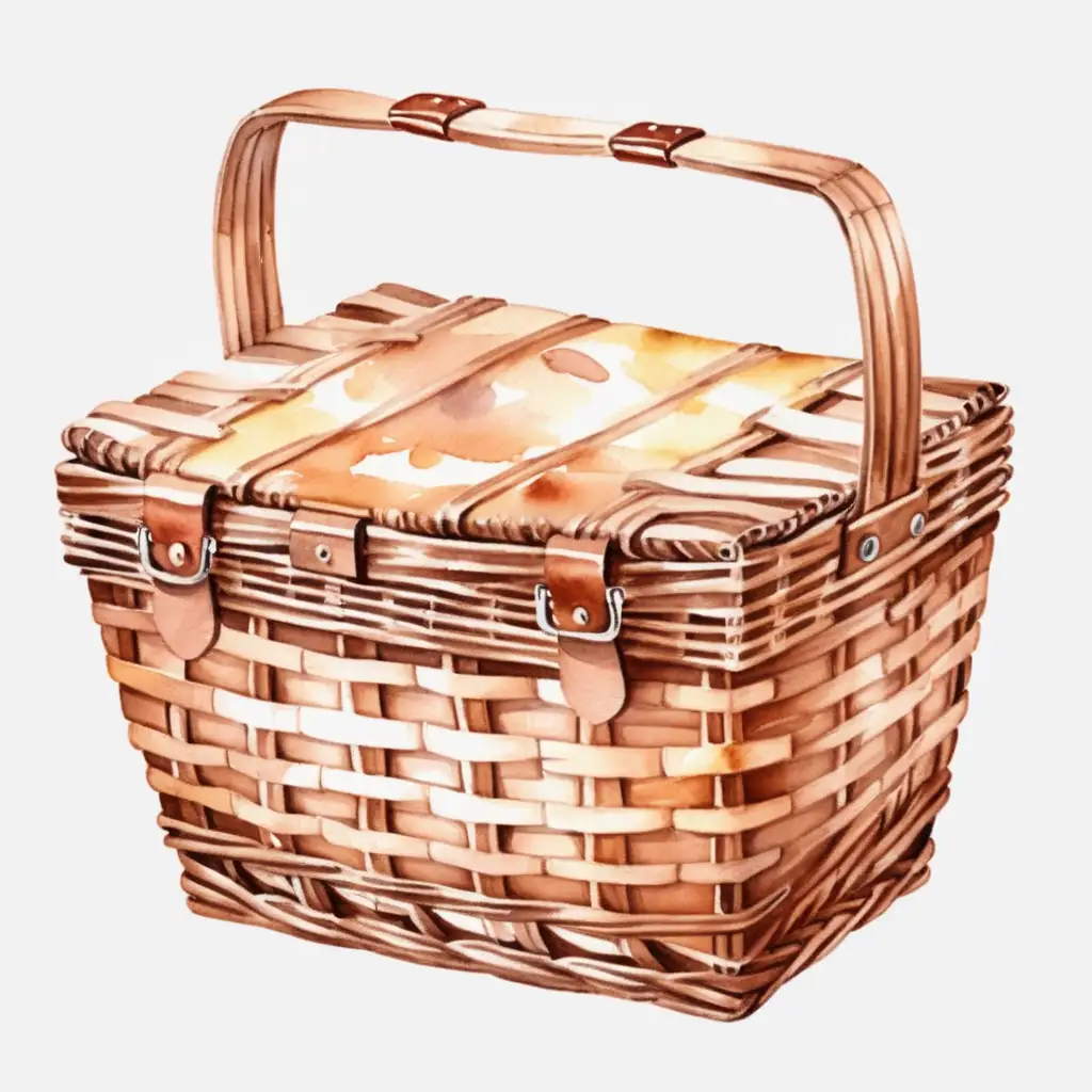 single, brown wicker picnic basket, no background, vector, watercolor