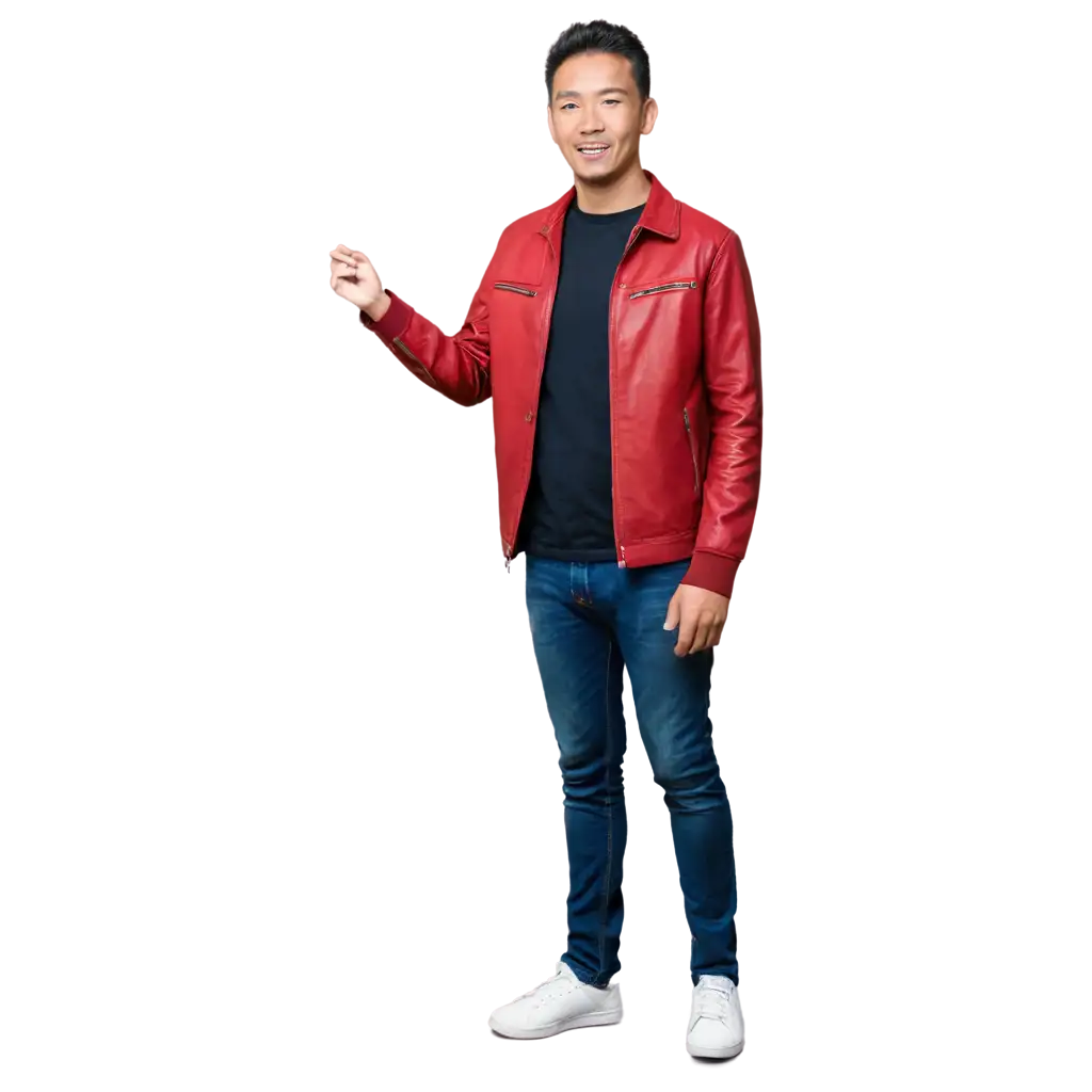 buatkan foto seorang pria, muka indonesia usia 35 tahun, maskulin, athletis, menggunakan jaket kulit merah, kaos hitam dengan celana jeans biru hitam dan sepatu sneakers berdiri tegap seperti presenter berita
