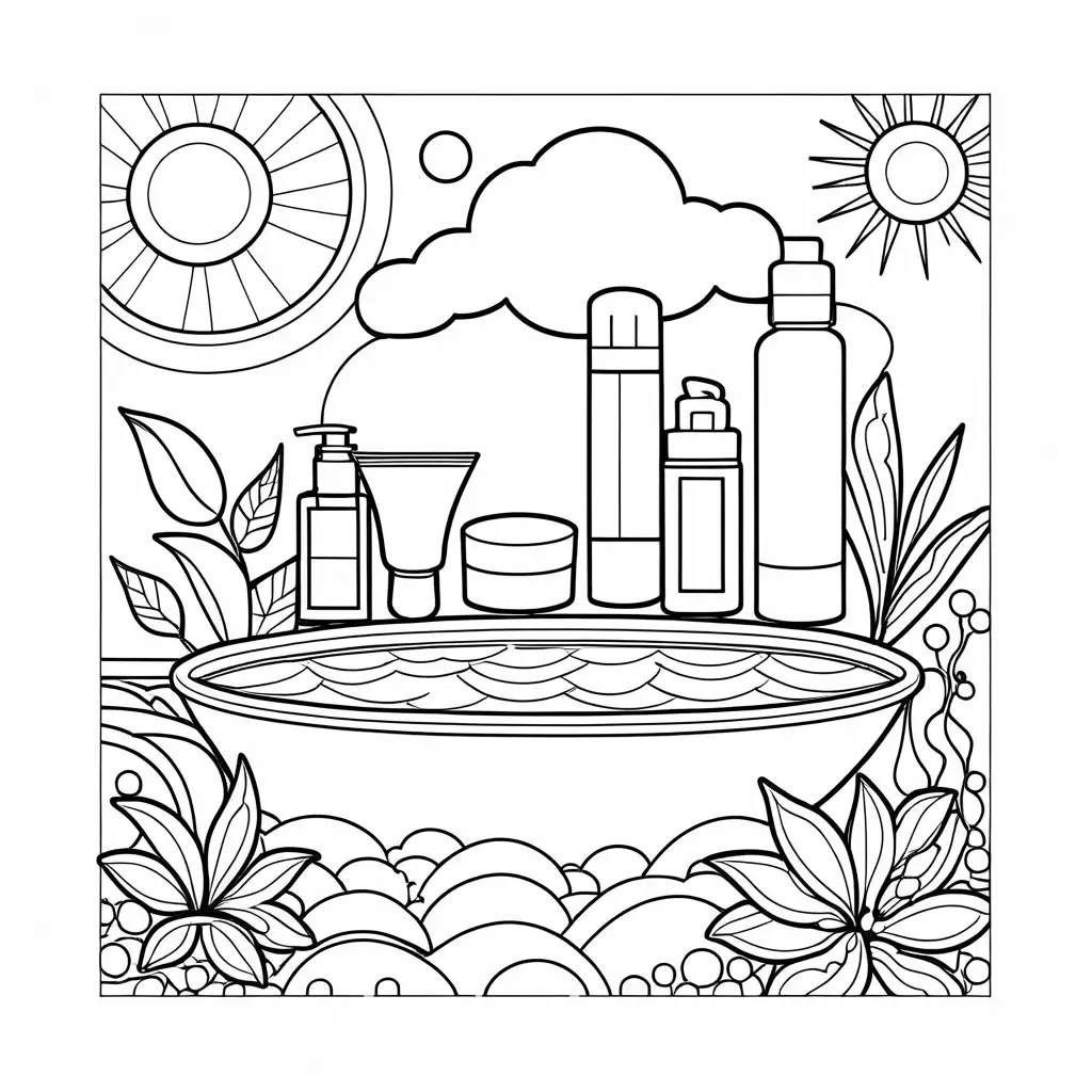 coloring book for kids about cosmetic Sunscreen Cream, Coloring Page, black and white, line art, white background, Simplicity, Ample White Space. The background of the coloring page is plain white to make it easy for young children to color within the lines. The outlines of all the subjects are easy to distinguish, making it simple for kids to color without too much difficulty, Coloring Page, black and white, line art, white background, Simplicity, Ample White Space. The background of the coloring page is plain white to make it easy for young children to color within the lines. The outlines of all the subjects are easy to distinguish, making it simple for kids to color without too much difficulty