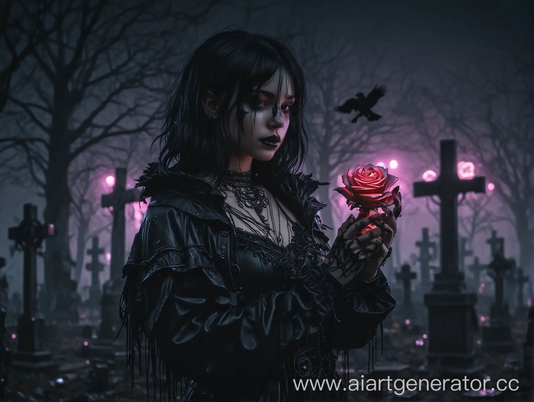 Gothic-Girl-Holding-Black-Rose-in-Neon-Cyberpunk-Cemetery-at-Night