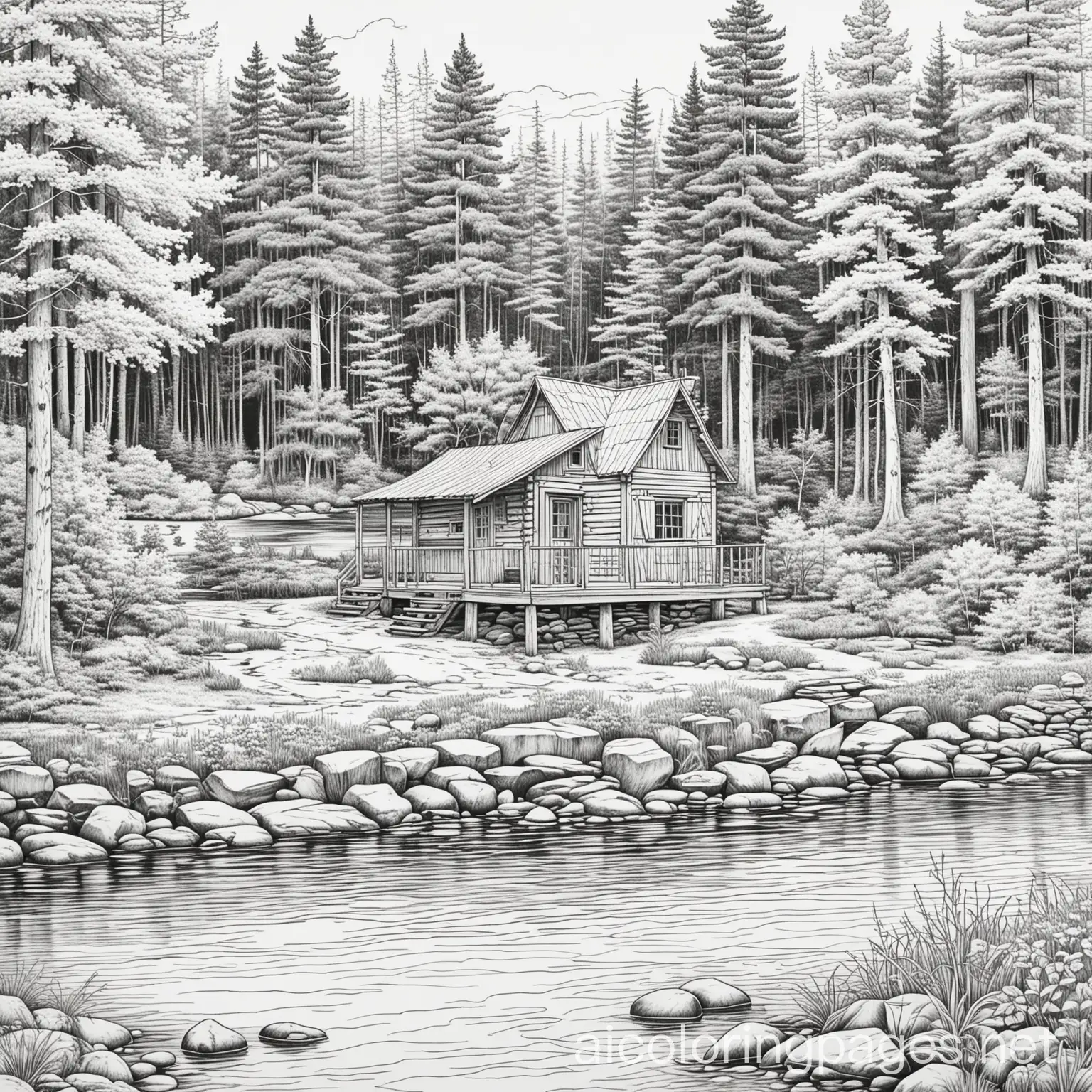 create a detailed line drawing of a little cabin in the woods near a river, Coloring Page, black and white, line art, white background, Simplicity, Ample White Space. The background of the coloring page is plain white to make it easy for young children to color within the lines. The outlines of all the subjects are easy to distinguish, making it simple for kids to color without too much difficulty