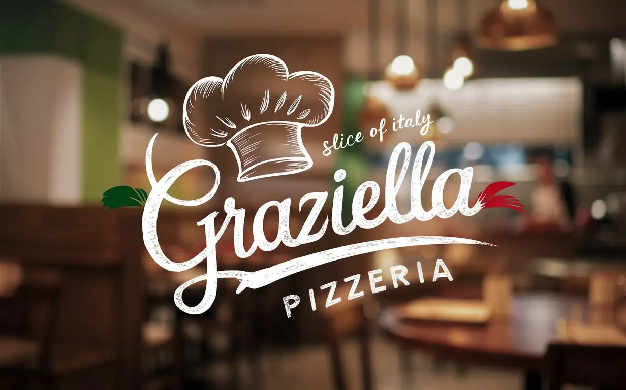 Handwriting Graziella Pizzeria logo, Sketched Chef's Hat, Slogan, Slice of Italy, Cozy Blurred Restaurant at the background, Italian colors