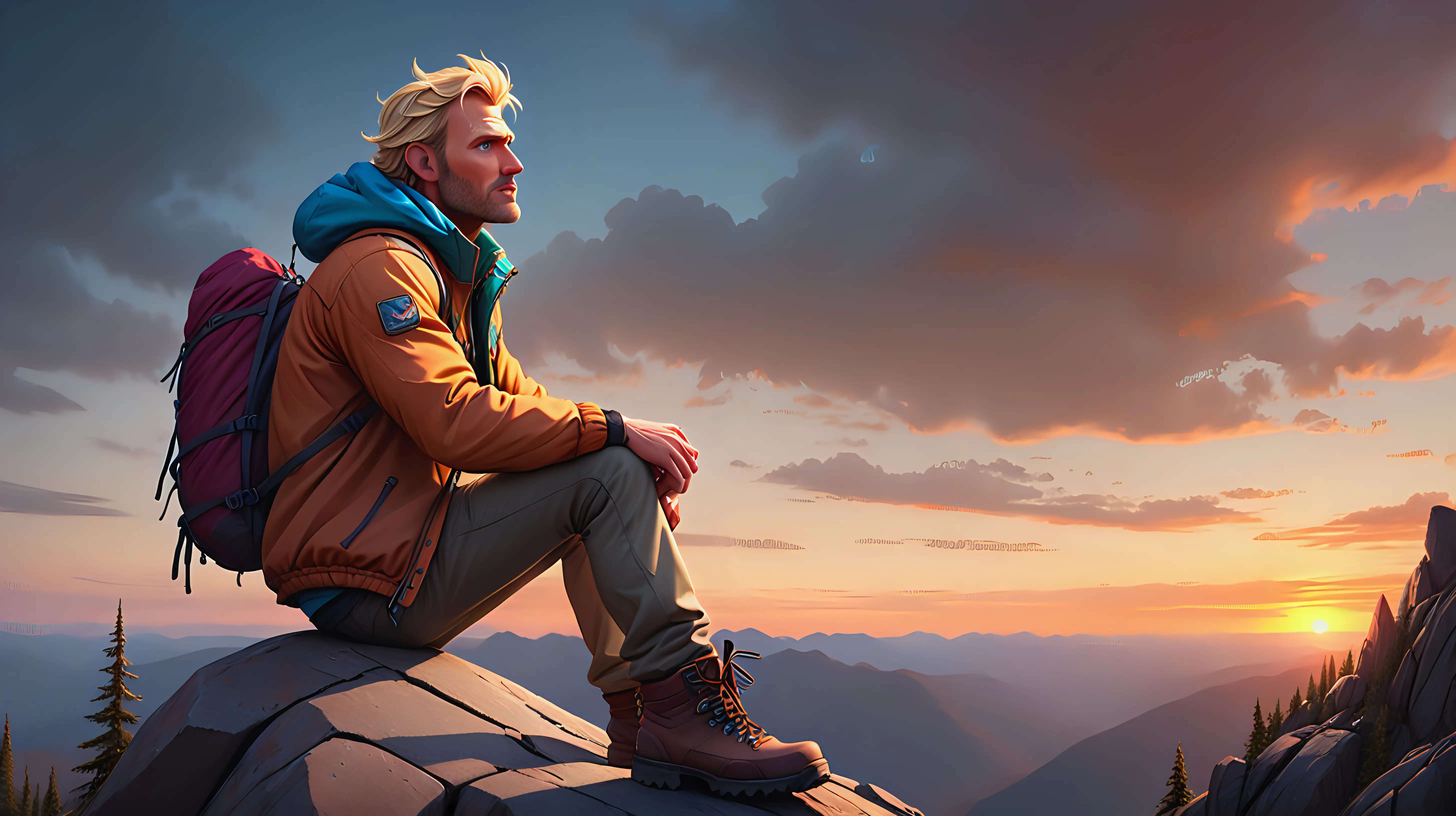 Highly detailed, fantastical style animation with vibrant colors and dramatic, soft lighting, of a rugged, blonde man in his mid-30s named Jack. He has a fit and athletic build, stands 6'2" tall, with short, tousled blonde hair, blue eyes, and a light tan complexion, wearing outdoor adventure jacket and hiking boots, sitting on a rock on the top of a mountain, looking out at a beautiful sunset with a content and reflective expression.