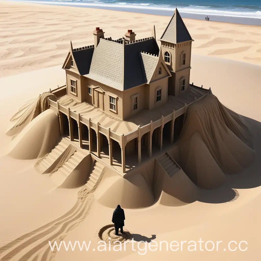 Песочный человек размером с целый дом. Фантастический. Важно чтобы это был именно человек, сделанный полностью из песка. Человек из песка, не дом а человек. Большой сильный человек из песка 