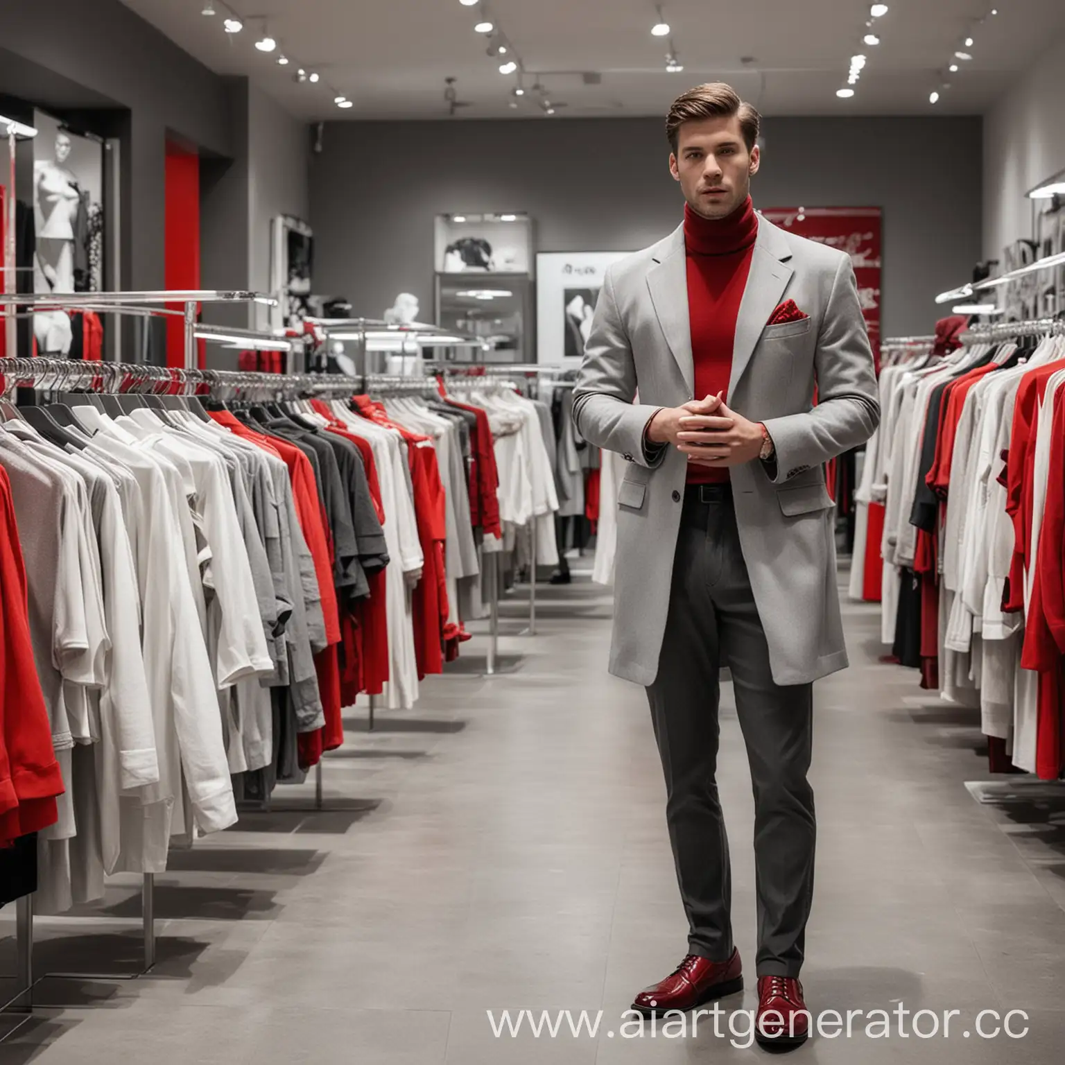 Тайный покупатель, стоит в магазине одежды, реалистичность как у фото, цветовая гамма выдержана в серых белых тонах с красными акцентами